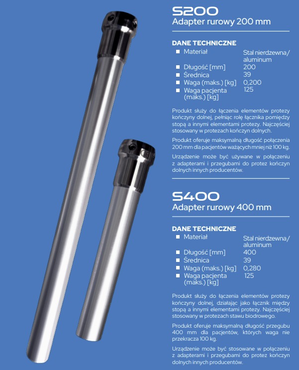 Dwa adaptery rurowe z aluminium i stali nierdzewnej, o długości 200 mm i 400 mm, używane jako łączniki w protezach kończyn dolnych, prezentowane na niebieskim tle z opisem technicznym.