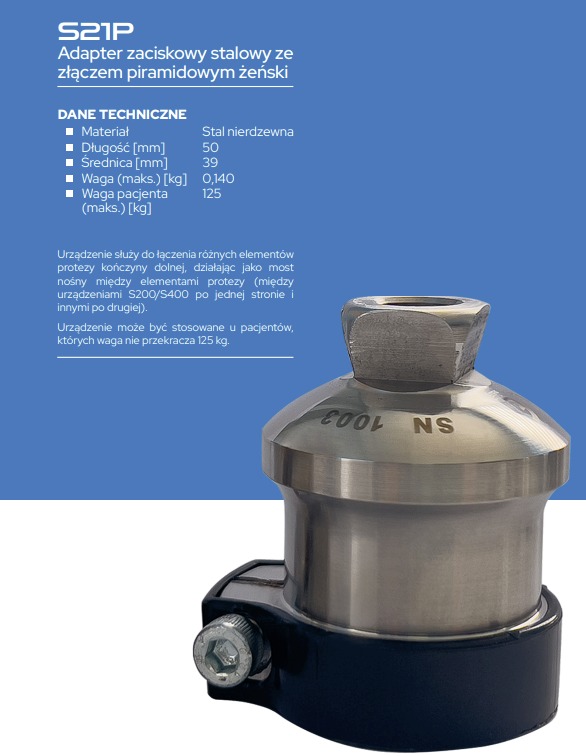 Adapter zaciskowy ze stali nierdzewnej z gwintem, wykonany w Wałbrzychu, przeznaczony do łączenia elementów protezy kończyny dolnej, z widocznym oznaczeniem 'NS' i numerem seryjnym.