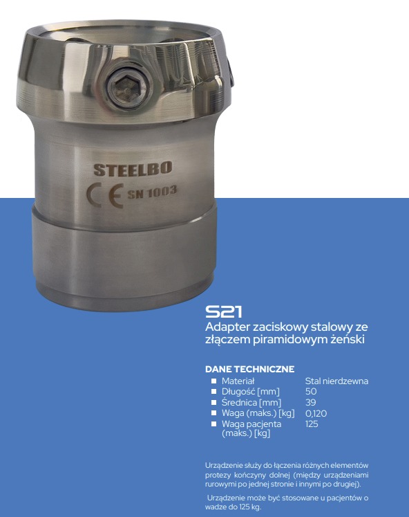 Stalowy adapter zaciskowy z żeńskim złączem piramidowym, marki STEELBO, model SN 1003, prezentowany na białym tle z niebieskim dołem zawierającym dane techniczne.