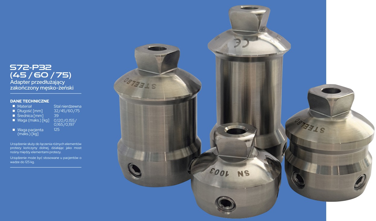 Precyzyjnie wykonane, nierdzewne adaptery przedłużające z gwintem wewnętrznym i zewnętrznym, w różnych rozmiarach, ustawione na niebieskim tle, z widocznymi oznaczeniami producenta.