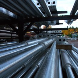 TEKSADO sp. z o. o. - Magazyn prefabrykatów betonowych: stosy metalowych rur i elementów konstrukcyjnych na zewnątrz, widoczne elementy z otworami i mocowaniami, w tle budynek magazynowy i drzewa.