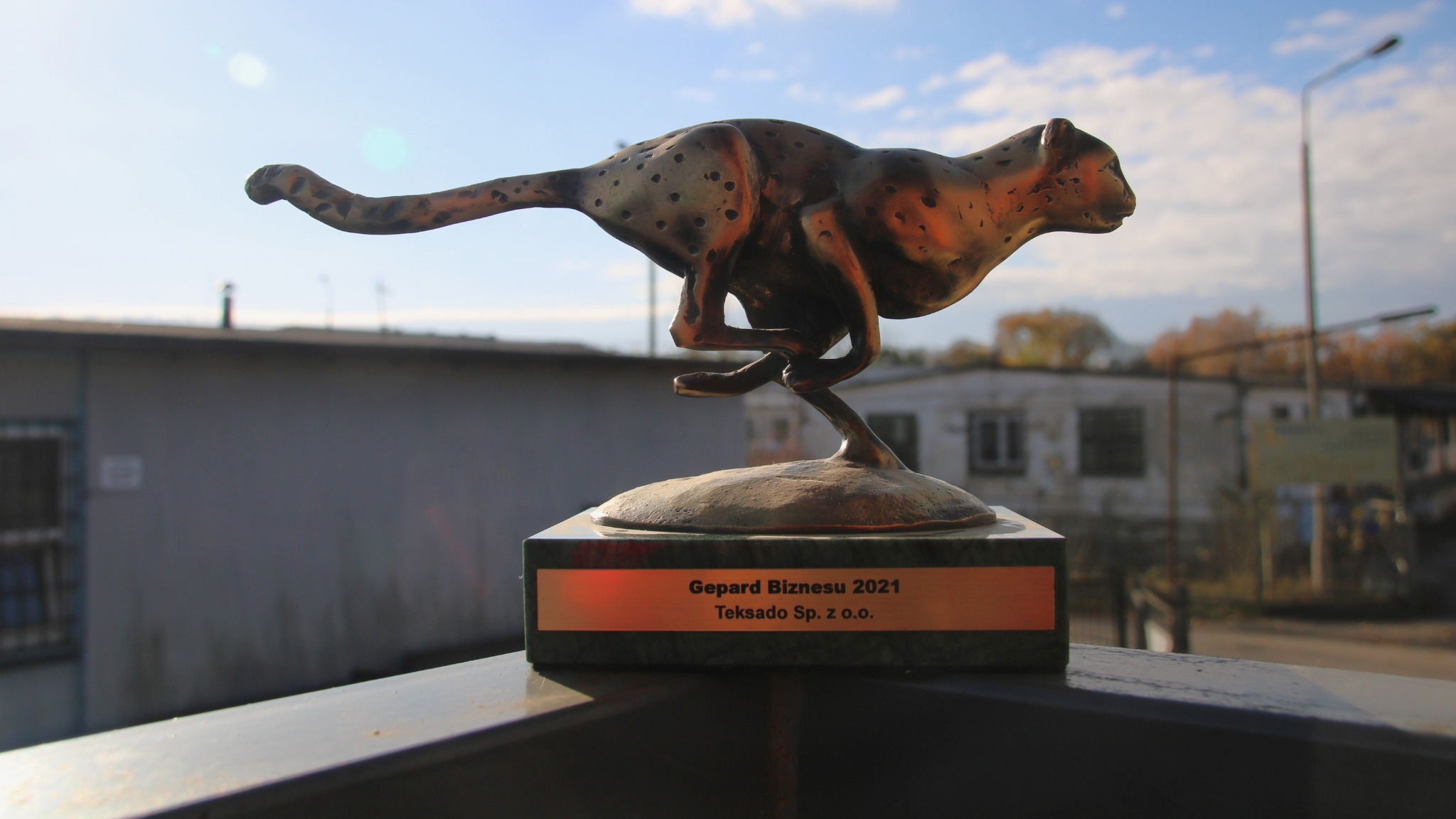 Statuetka geparda z napisem Gepard Biznesu 2021 Teksado Sp. z o.o. na tle budynków i nieba.