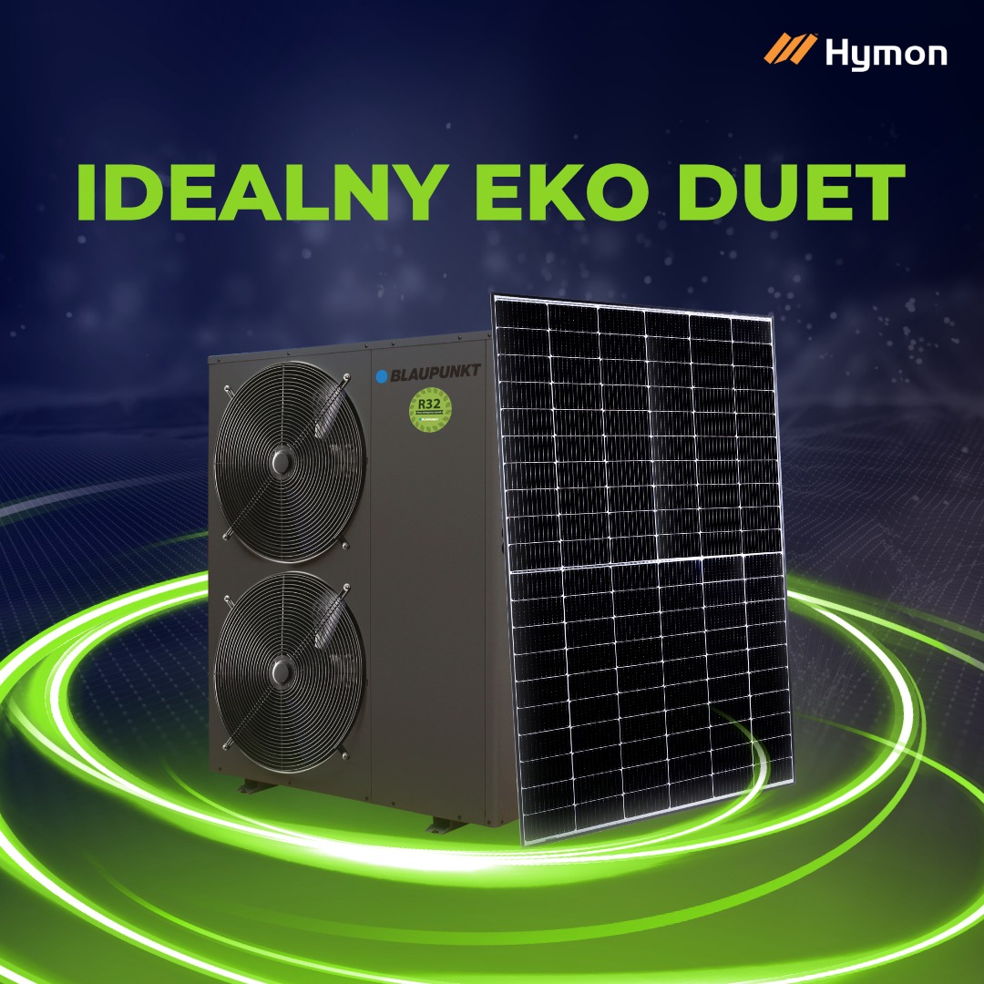 Grafika reklamowa prezentująca pompę ciepła Blaupunkt i panel fotowoltaiczny na tle ciemnego nieba z zielonymi smugami energii, z napisem 'IDEALNY EKO DUET' i logo Hymoń w prawym górnym rogu.