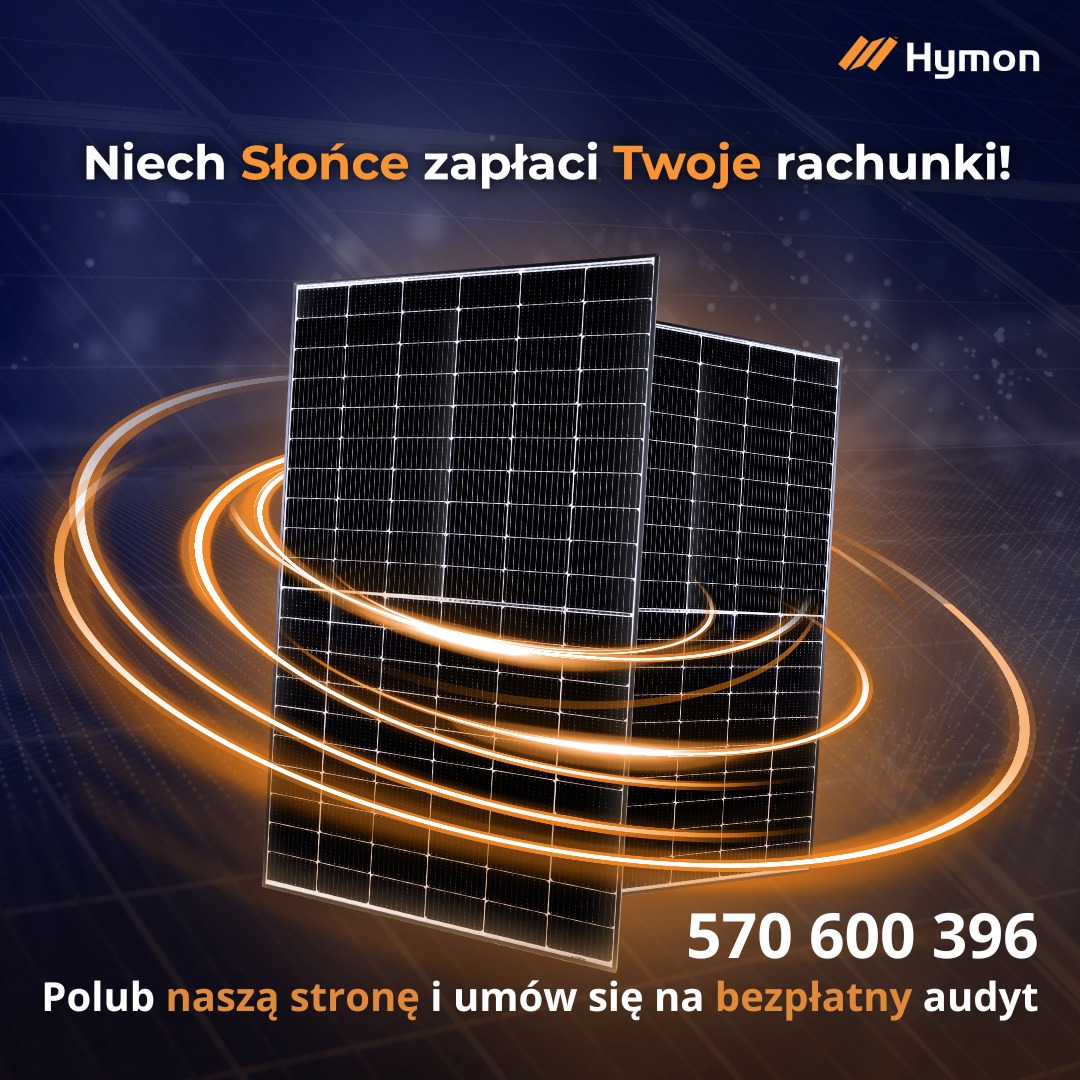 Dwa panele słoneczne na ciemnym tle z napisem 'Niech Słońce zapłaci Twoje rachunki!', numerem telefonu i informacją o bezpłatnym audycie.