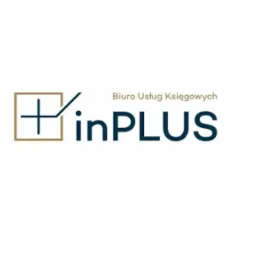 Logo firmy 'inPLUS Biuro Usług Księgowych' z symbolem plusa w kwadracie i stylizowaną strzałką wzrostu.