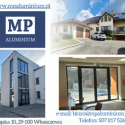 Kolaż zdjęć: logo firmy MP Aluminium, dom z oknami, budynek z fasadą z dużymi przeszkleniami i wnętrze z aluminiowymi drzwiami oraz dane kontaktowe firmy.