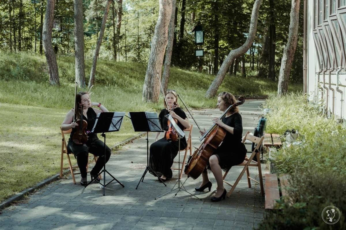 Trzy kobiety w czarnych sukienkach grające na skrzypcach i wiolonczeli na zewnątrz, na tle drzew i budynku z otwartymi oknami, z nutami na statywach.