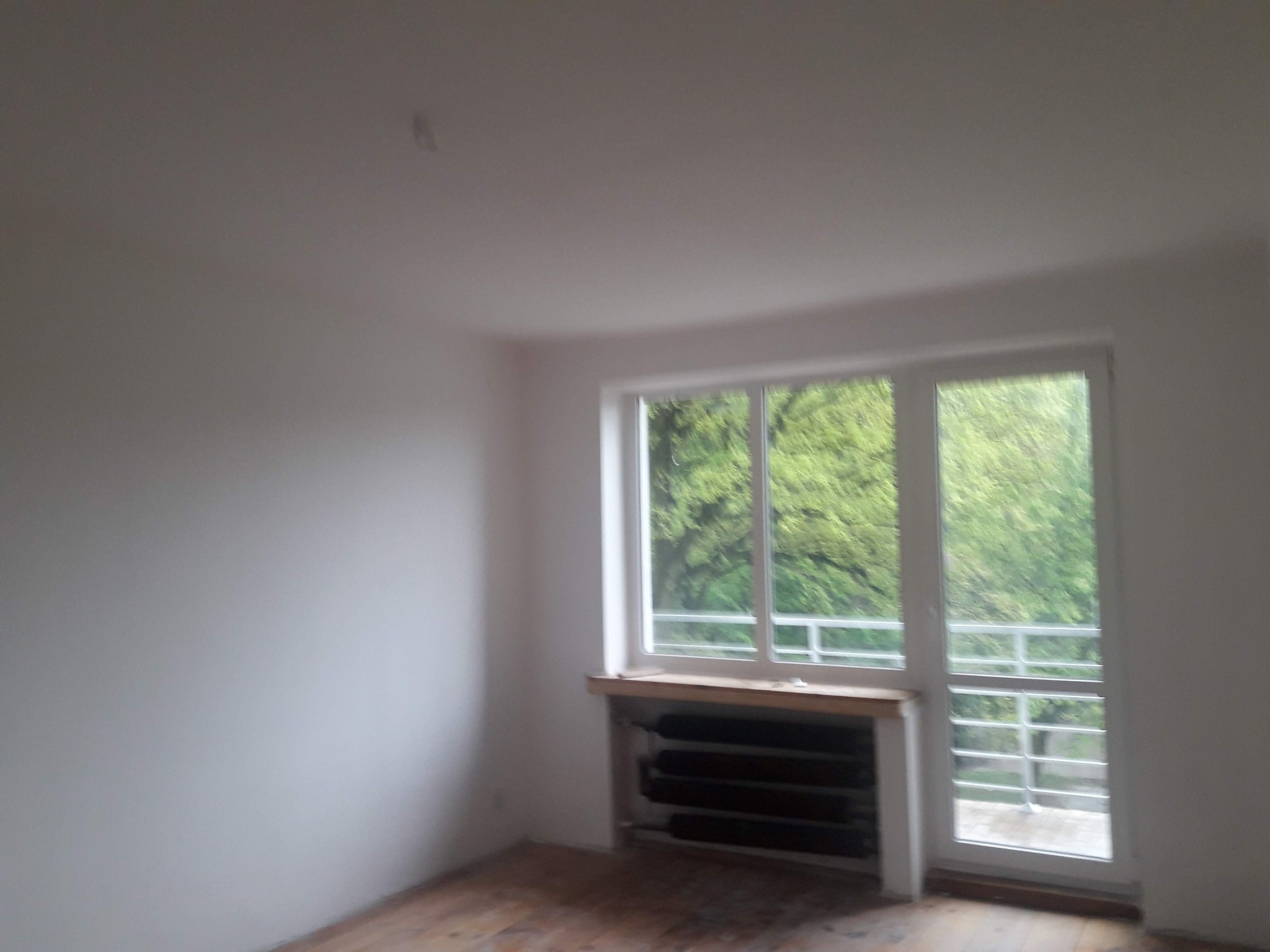 Pomalowane na biało wnętrze pokoju z drewnianą podłogą i oknem balkonowym z widokiem na zieleń, grzejnik pod oknem.