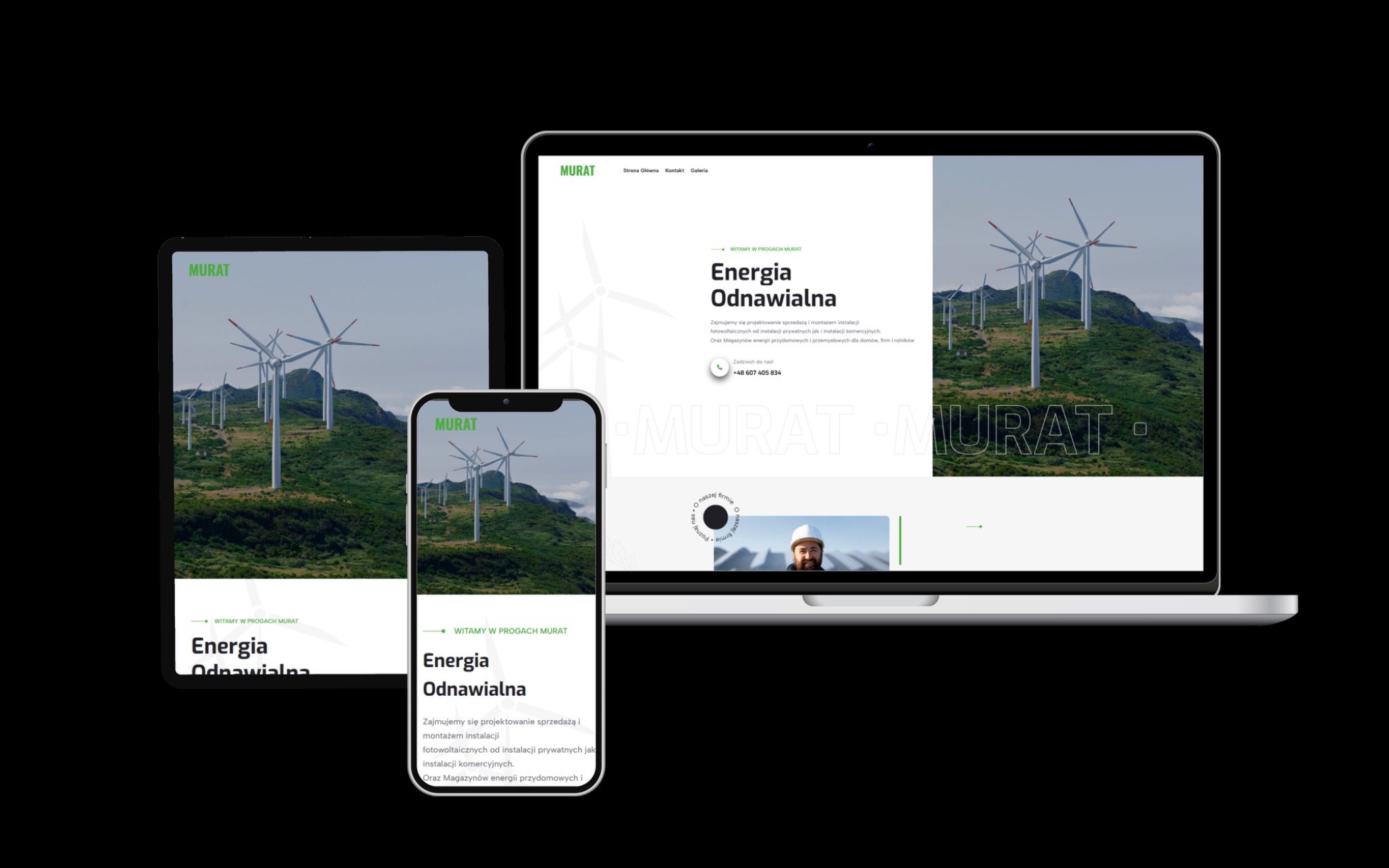 Responsywna strona internetowa firmy Murat na laptopie, tablecie i smartfonie, prezentująca turbiny wiatrowe na wzgórzu, z akcentem na energię odnawialną.