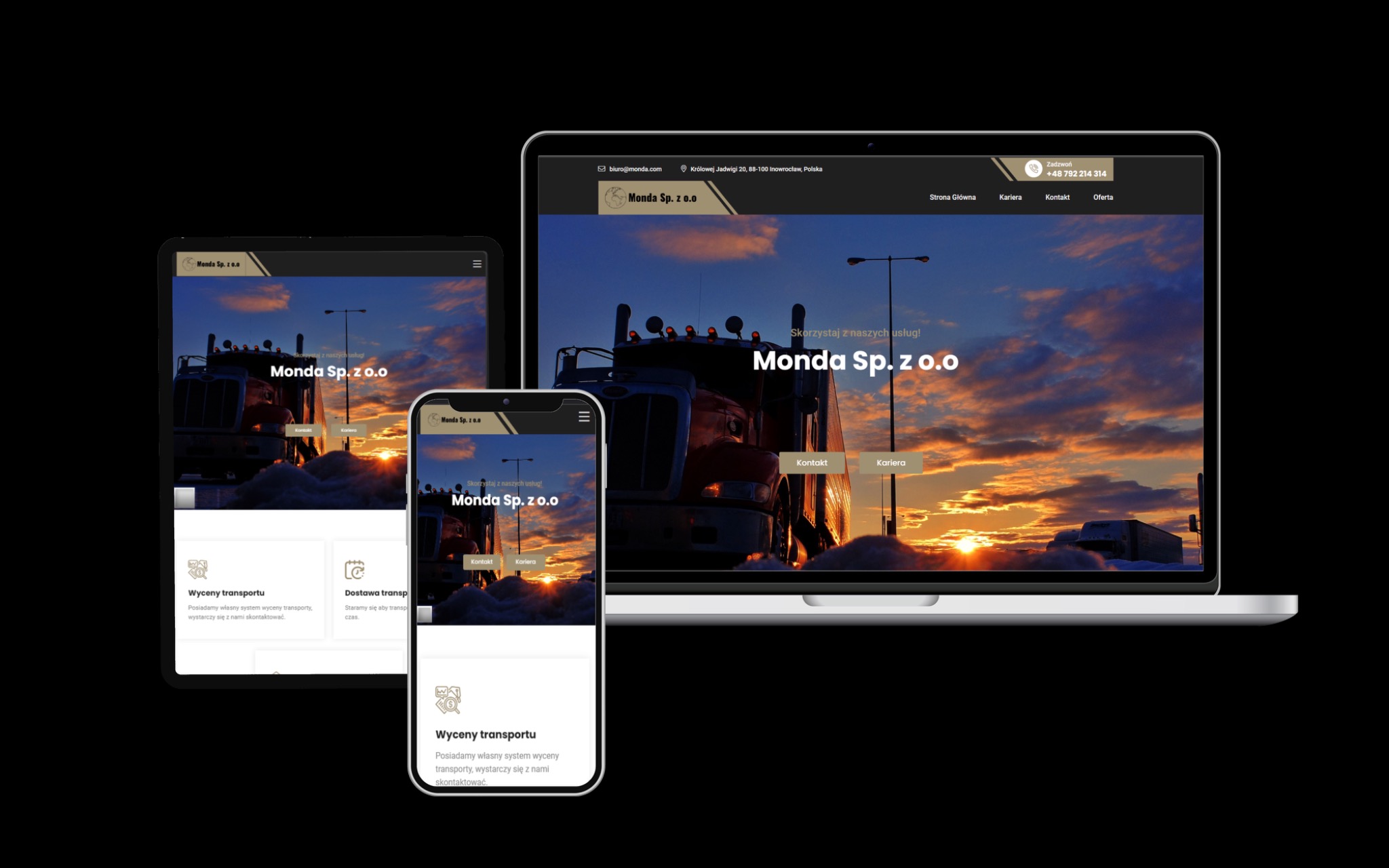 Responsywna strona internetowa Monda Sp. z o.o. wyświetlana na laptopie, tablecie i smartfonie, prezentująca usługi transportowe z tłem zachodu słońca i ciężarówką.