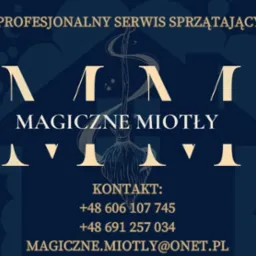 Grafika reklamowa firmy sprzątającej 'Magiczne Miotły' z numerami telefonów i adresem e-mail, z motywem miotły na granatowym tle.
