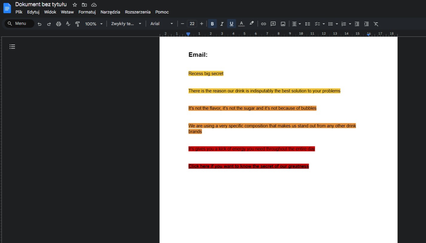 Dokument tekstowy z nagłówkiem 'Email:' i wyróżnionymi fragmentami tekstu, prawdopodobnie roboczy projekt treści e-maila reklamowego, edytowany w edytorze tekstu w Gdańsku.