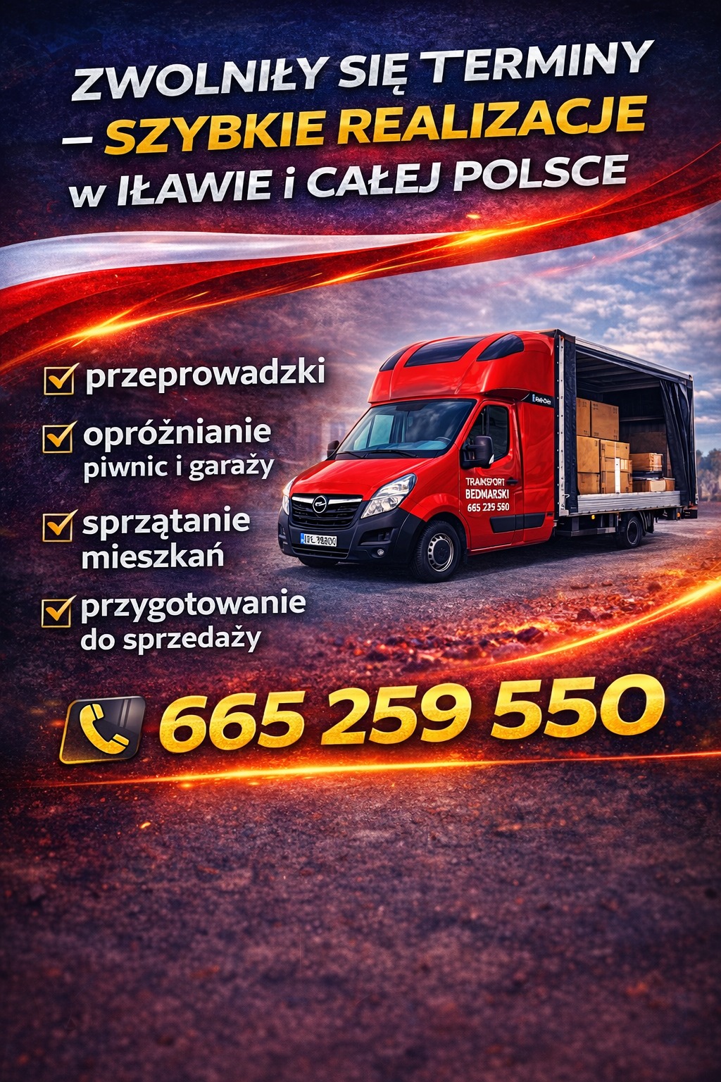 Czerwony bus z otwartą przestrzenią ładunkową wypełnioną kartonami na tle grafiki z ofertą przeprowadzek, opróżniania, sprzątania i przygotowania do sprzedaży.