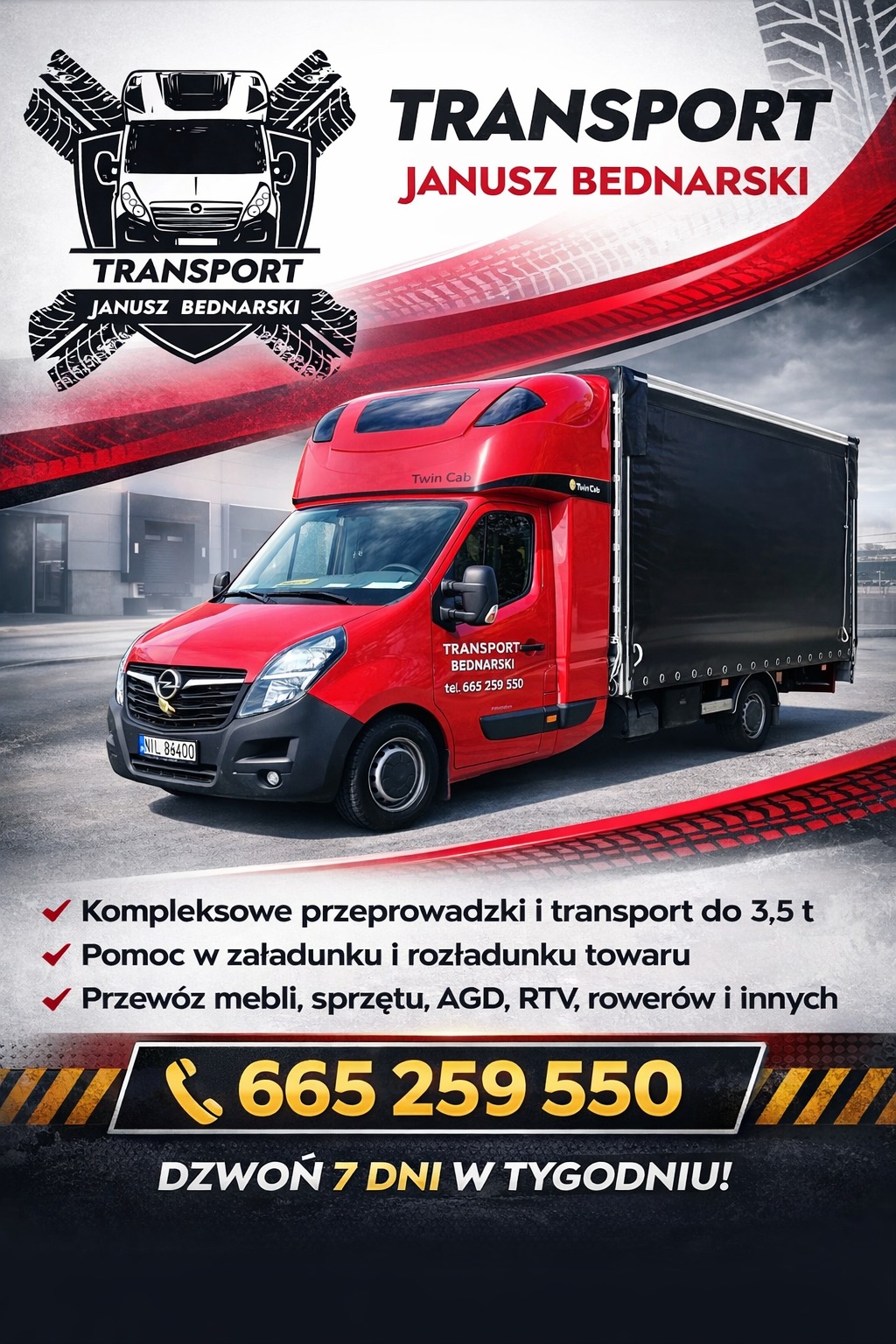 Czerwony bus z czarną plandeką, logo firmy transportowej Janusz Bednarski. Oferta: przeprowadzki, transport do 3,5t, załadunek, rozładunek, przewóz mebli i sprzętu.
