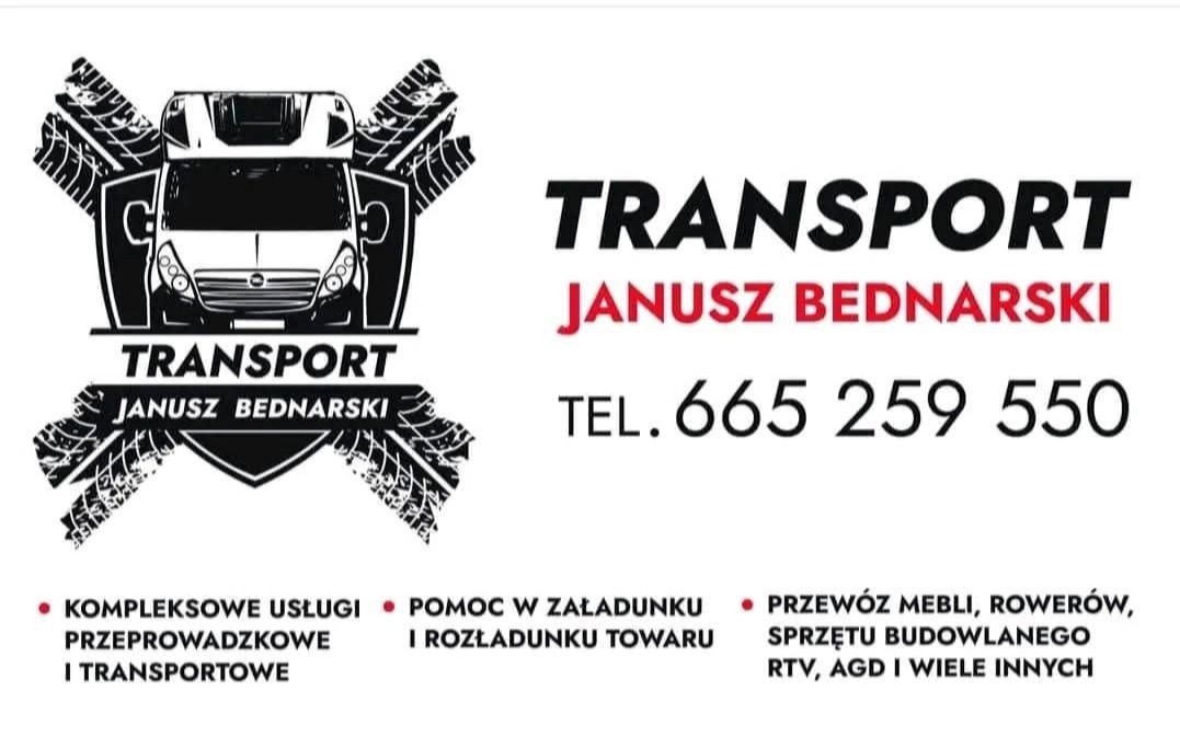 Grafika reklamowa firmy transportowej Janusz Bednarski z busem w logo, numerem telefonu i zakresem usług: przeprowadzki, załadunek, przewóz mebli i sprzętu.