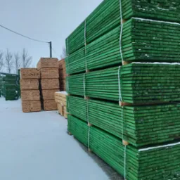 Sztaple impregnowanej na zielono tarcicy budowlanej, zabezpieczone taśmami, ułożone na śniegu; w tle widoczne inne, nieimpregnowane stosy drewna.