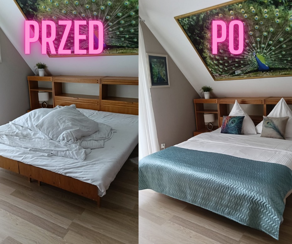Sypialnia przed i po posprzątaniu: niepościelone łóżko kontra schludnie zaścielone z dekoracyjną narzutą i poduszkami, w pokoju na poddaszu z obrazem pawia.