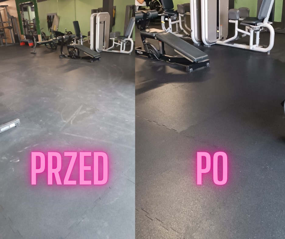 Zdjęcie 'przed i po' czyszczenia podłogi w siłowni. Po lewej brudna podłoga, po prawej czysta. Widoczne maszyny do ćwiczeń w tle. Kontrastowe ujęcie.