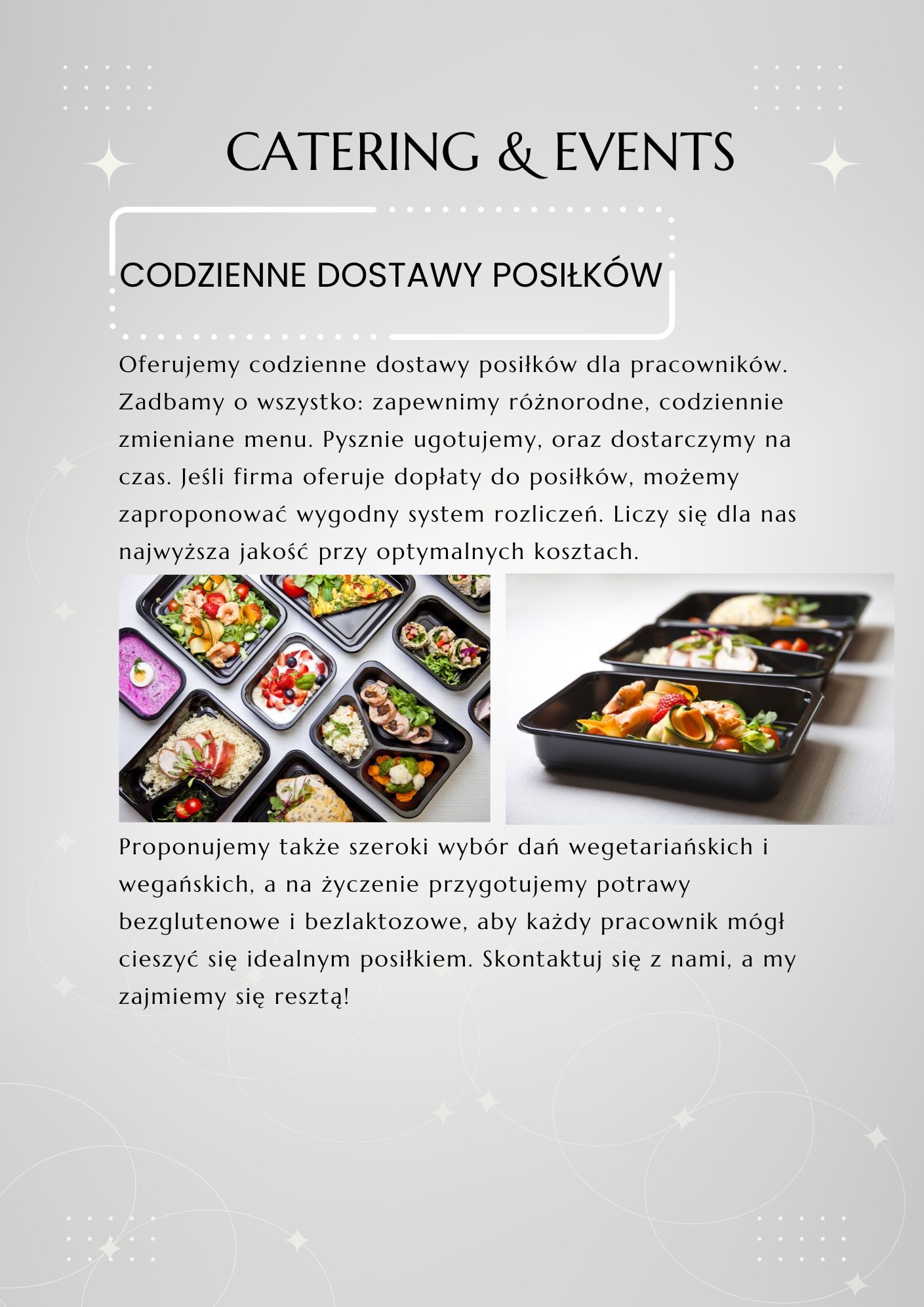 Grafika reklamowa z tekstem 'Catering & Events, Codzienne dostawy posiłków' oraz zdjęciami różnorodnych dań w czarnych pojemnikach, oferowanych jako posiłki dla pracowników, w tym opcje...