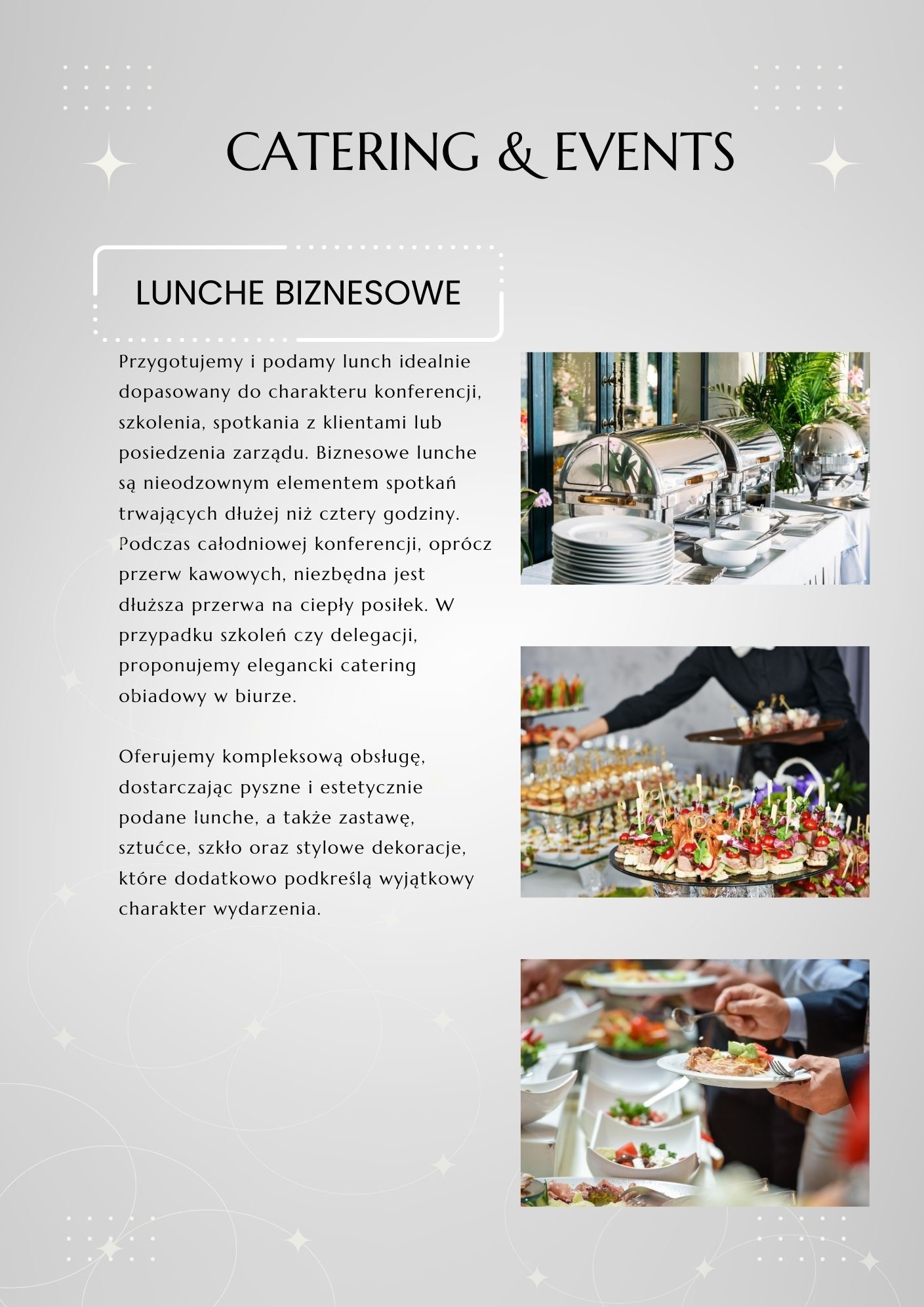 Grafika reklamowa cateringu biznesowego z bufetem, przekąskami i osobami nakładającymi jedzenie na talerze, z tekstem o ofercie lunchów biznesowych.
