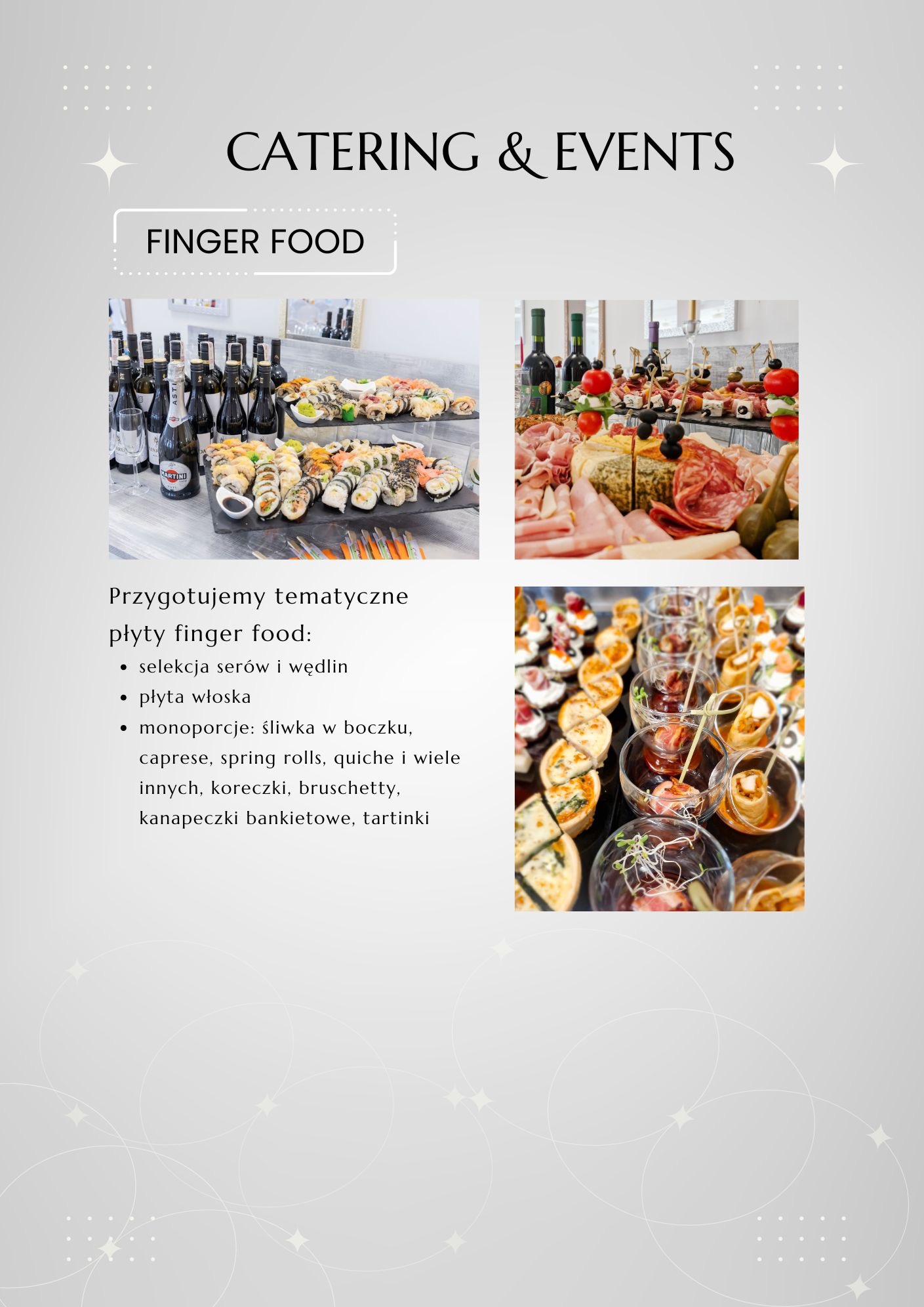 Aranżacja finger food na przyjęcie: sushi, sery, wędliny, koreczki i tartinki, uzupełnione butelkami Martini Asti i czerwonego wina.