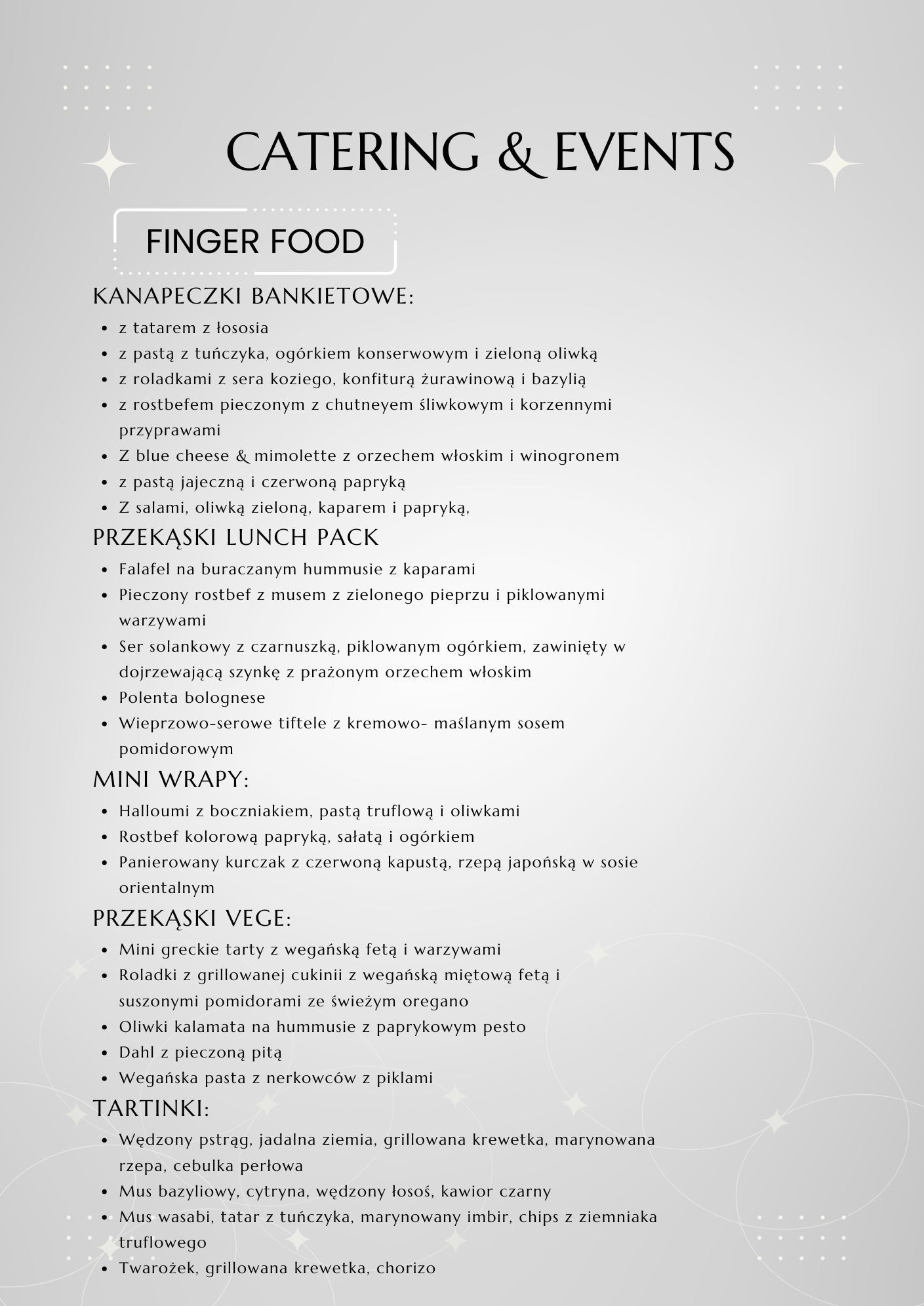 Menu z listą dań cateringowych, w tym kanapki bankietowe, przekąski lunch pack, mini wrapy, przekąski wege i tartinki.