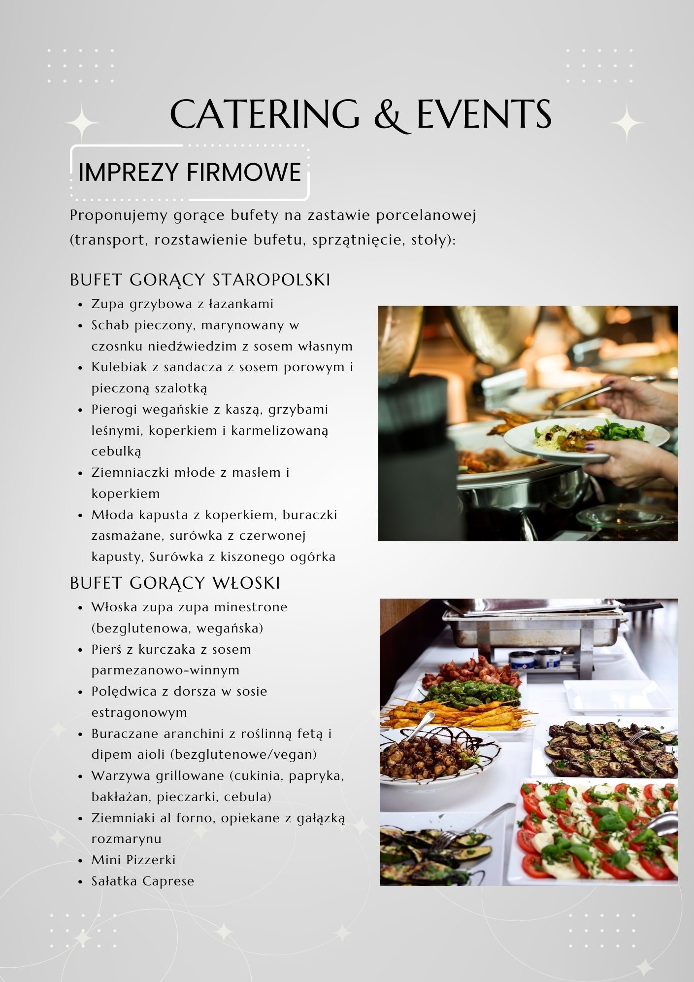 Stół bufetowy z różnorodnymi daniami kuchni staropolskiej i włoskiej, w tym sałatka Caprese, grillowane warzywa, pierogi wegańskie, schab pieczony i zupa minestrone, aranżacja cateringowa...