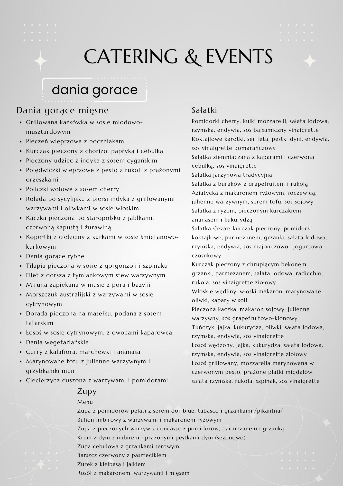 Menu cateringowe z wypisanymi propozycjami dań mięsnych, rybnych, wegetariańskich, zup i sałatek, oferowane w Turów.