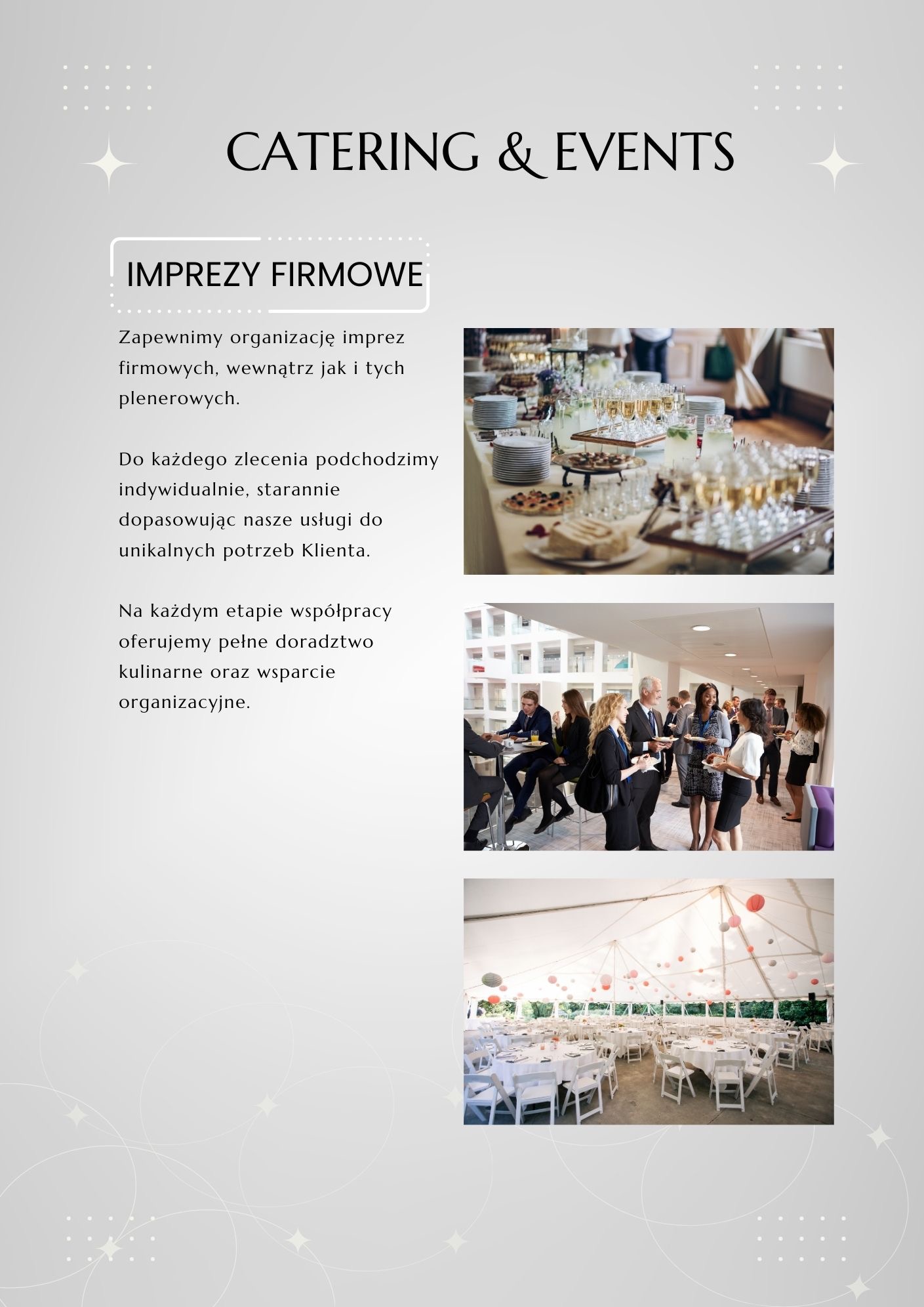 Grafika reklamowa z trzema zdjęciami: stołu z przekąskami i napojami, grupy osób w strojach biznesowych podczas spotkania oraz białego namiotu z ustawionymi stołami i krzesłami na imprezę.