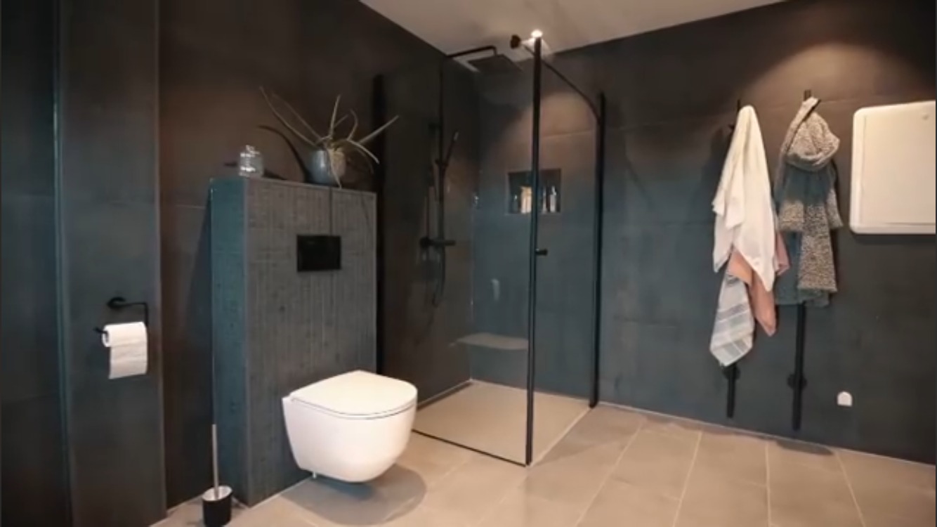 Nowoczesna łazienka w odcieniach szarości z kabiną prysznicową typu walk-in i podwieszaną toaletą, akcentowana czarnymi detalami jak armatura i akcesoria, z rośliną w doniczce na zabudowie geberit.