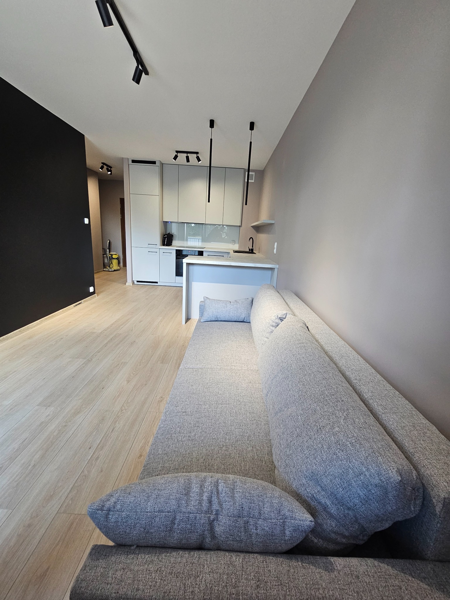 Jasne panele podłogowe w nowocześnie wykończonym salonie z szarą sofą i aneksem kuchennym w tle.