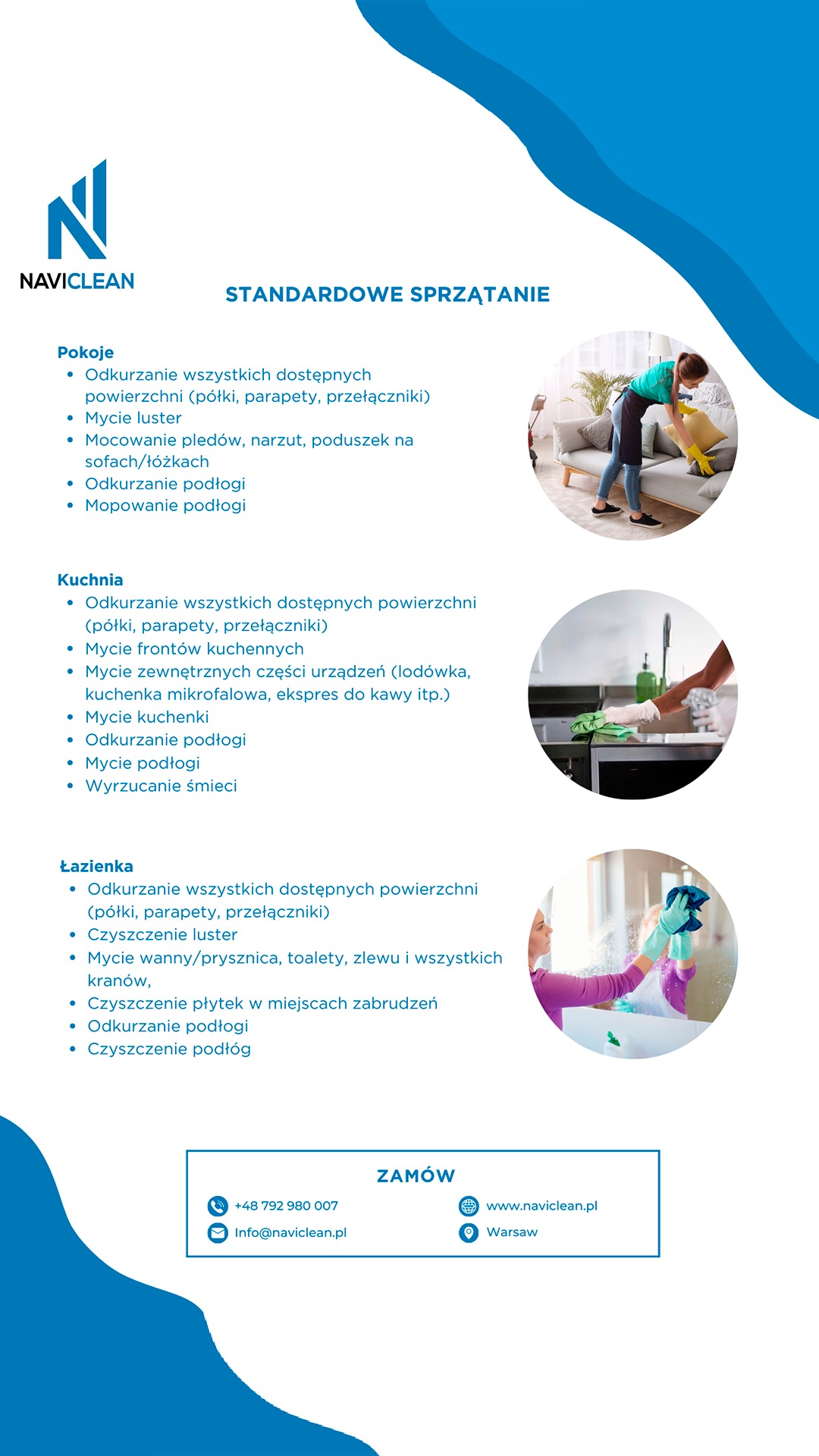 Grafika reklamowa firmy sprzątającej Naviclean, prezentująca standardowe sprzątanie pokoju, kuchni i łazienki, z listą czynności i zdjęciami osób sprzątających.