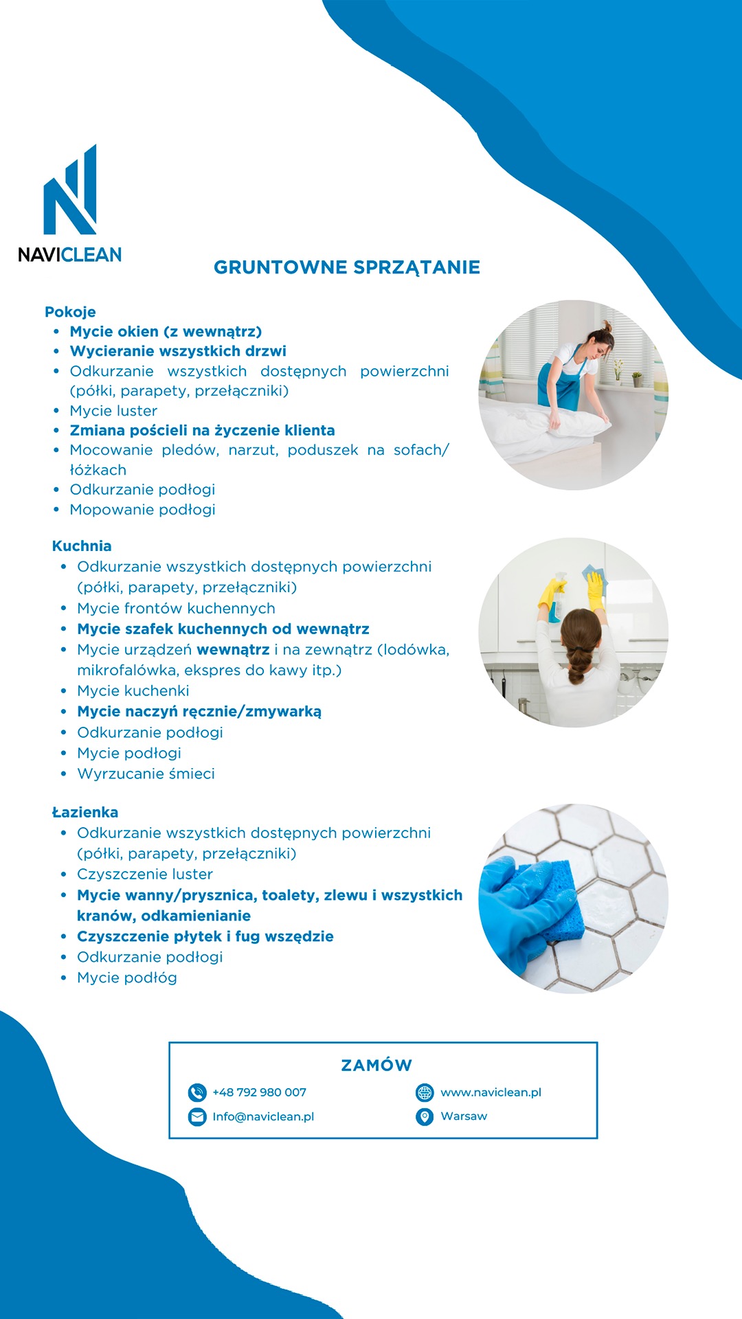 Ulotka reklamowa firmy sprzątającej Naviclean z listą usług i zdjęciami z realizacji: sprzątanie pokoi, kuchni i łazienki.