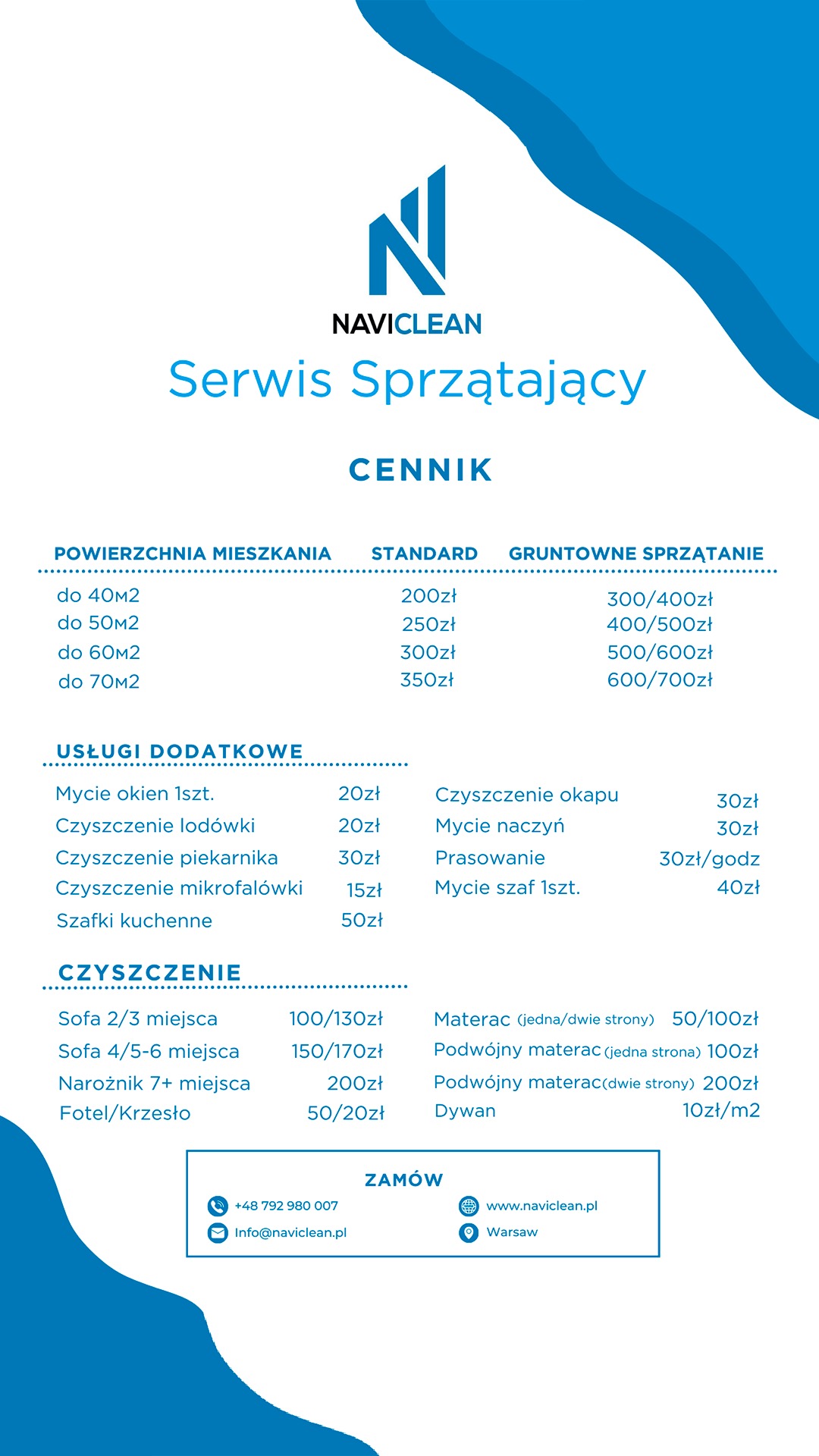 Cennik serwisu sprzątającego Naviclean z ofertą cenową na sprzątanie mieszkań o różnej powierzchni, mycie okien, czyszczenie lodówek, piekarników, mikrofalówek, szafek kuchennych, czyszczenie okapu...