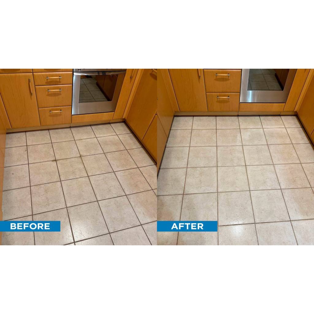 Kuchenna podłoga z płytek ceramicznych: porównanie stanu przed i po czyszczeniu, widoczne różnice w odcieniu i czystości fug.