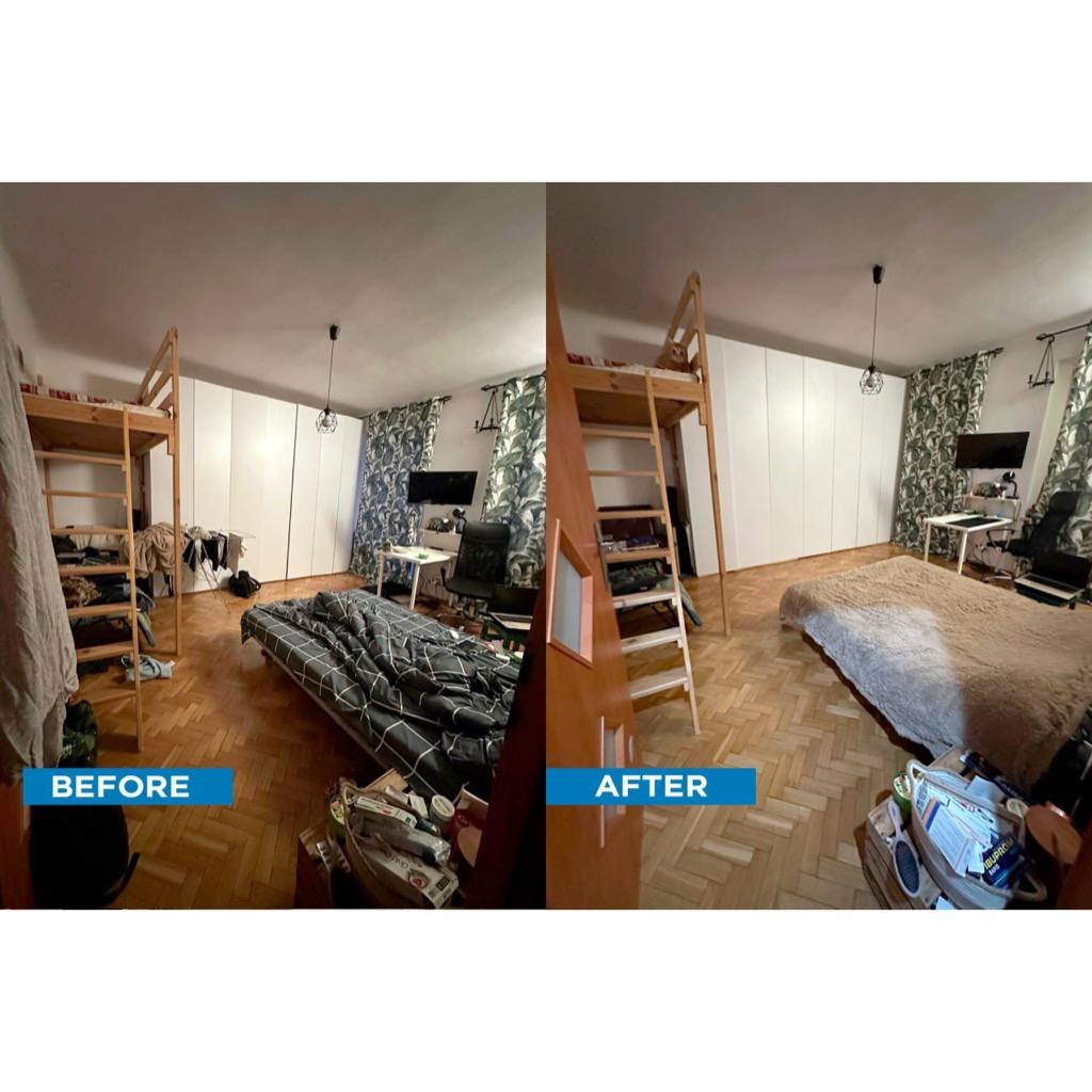 Zdjęcie pokoju przed i po posprzątaniu, z łóżkiem na antresoli, szafą w zabudowie i parkietem w jodełkę, z widoczną różnicą w porządku i czystości.