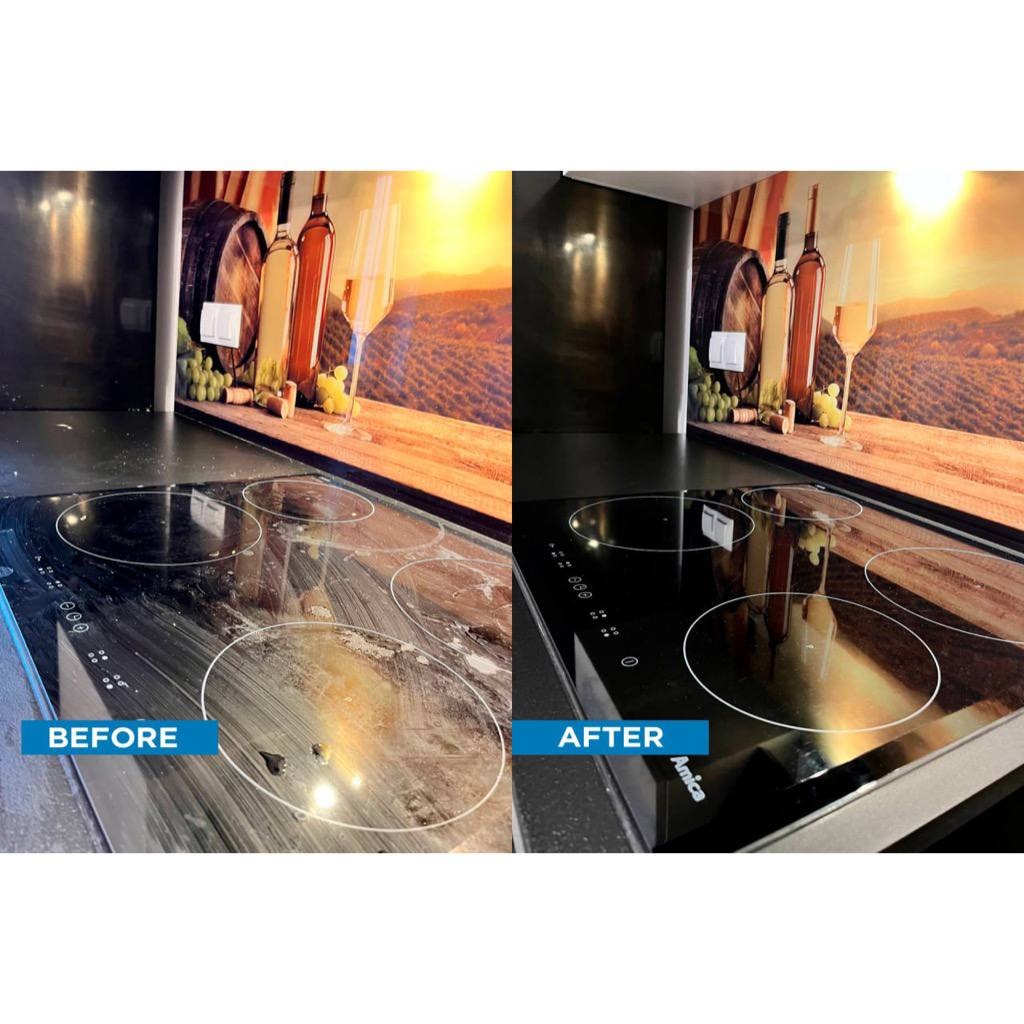 Płyta indukcyjna Amica przed i po czyszczeniu, widoczne zabrudzenia i efekt połysku po umyciu, w tle naklejka ścienna z motywem winnicy.