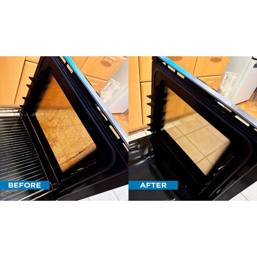 Porównanie przed i po czyszczeniu piekarnika: brudny piekarnik po lewej, czysty piekarnik po prawej, widoczne ślady tłuszczu i zabrudzeń usunięte z wnętrza.