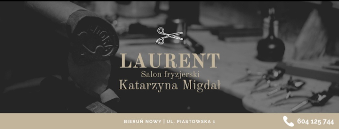 Monochromatyczne zdjęcie wizytówki salonu z fryzjerskim sprzętem w tle, logo z nożyczkami, adres i numer telefonu.