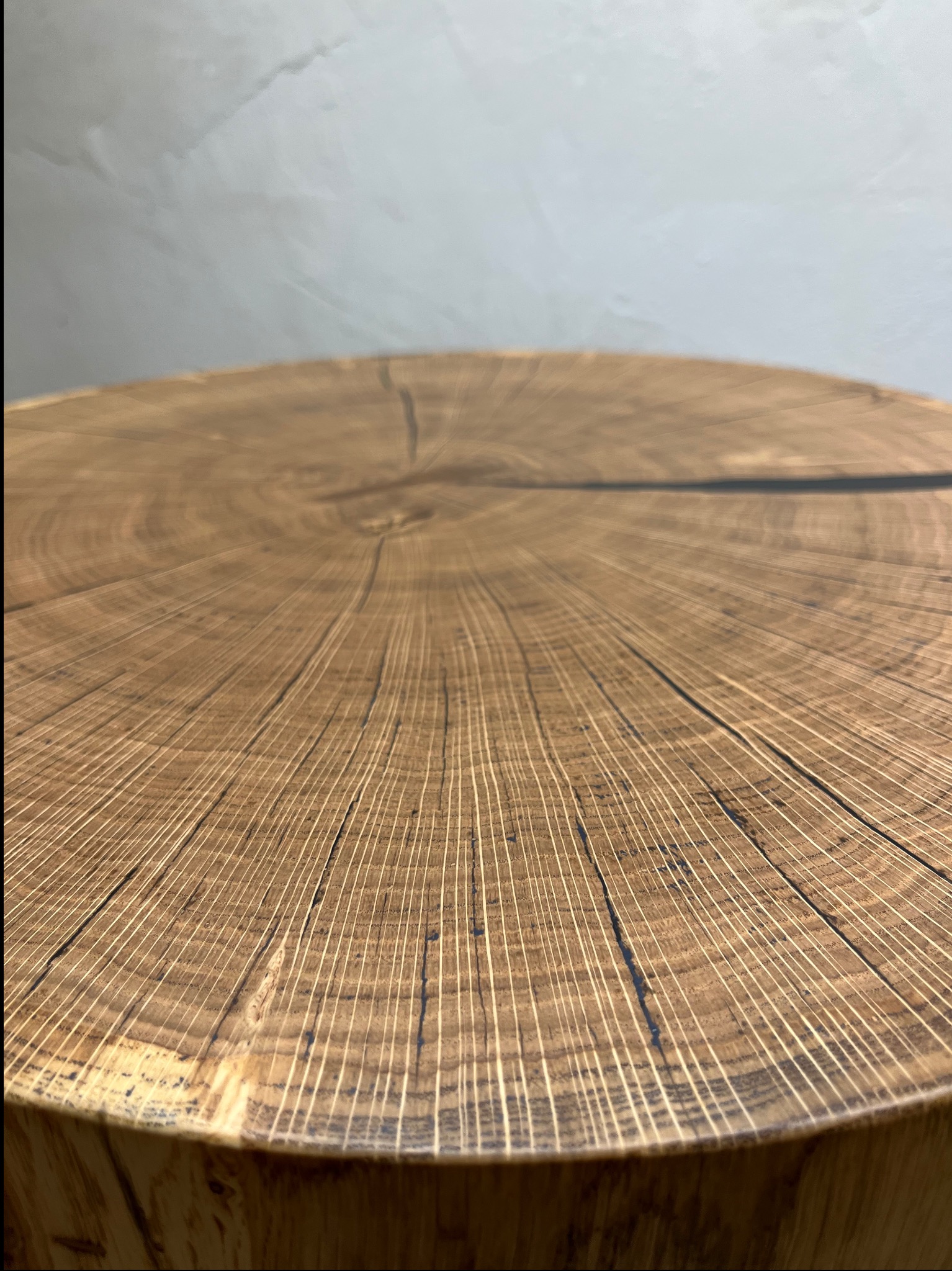 Blat z przekroju pnia drzewa z widocznymi słojami i pęknięciami, wykończony na gładko, na tle szarej ściany.