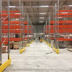 Długi korytarz w magazynie z rzędami metalowych regałów z pomarańczowymi półkami, częściowo wypełnionymi towarami, widoczny pracownik z wózkiem paletowym w tle, żółte zabezpieczenia regałów przy...