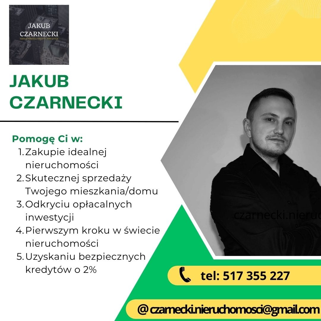 Folder reklamowy doradcy nieruchomości Jakub Czarnecki, z listą usług: zakup, sprzedaż, inwestycje, kredyty. Kontakt telefoniczny i mailowy.