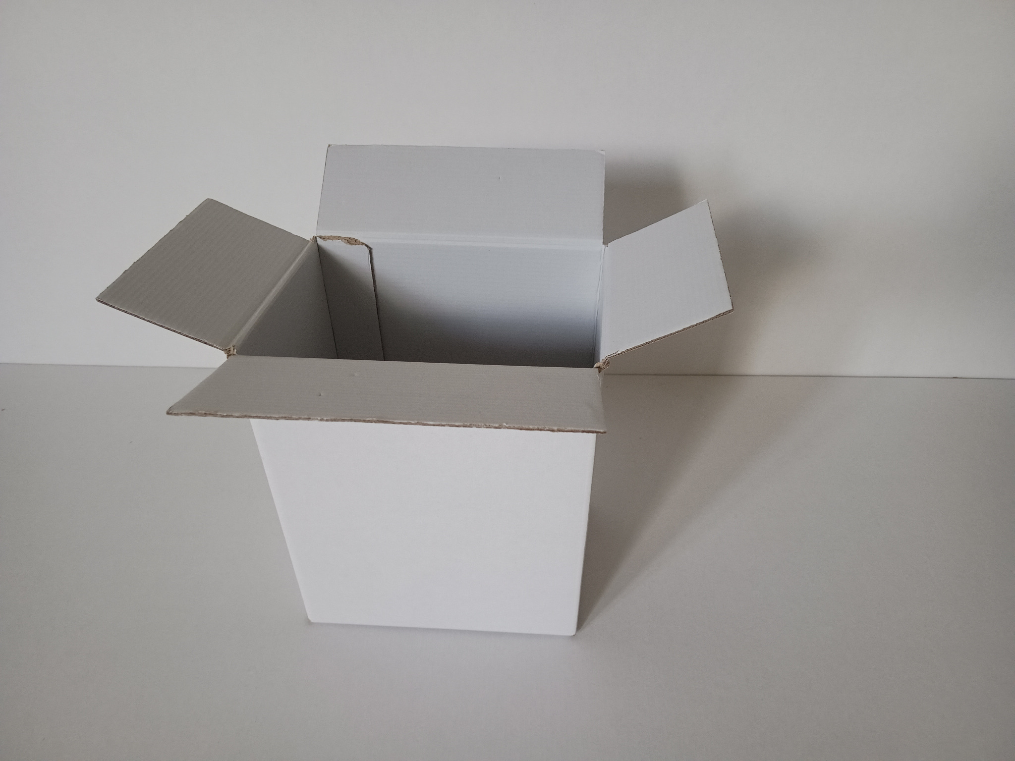 Pusta, biała, kartonowa skrzynka z otwartymi klapami, ustawiona na jasnym, jednolitym tle, ukazująca wewnętrzną strukturę i fakturę kartonu.