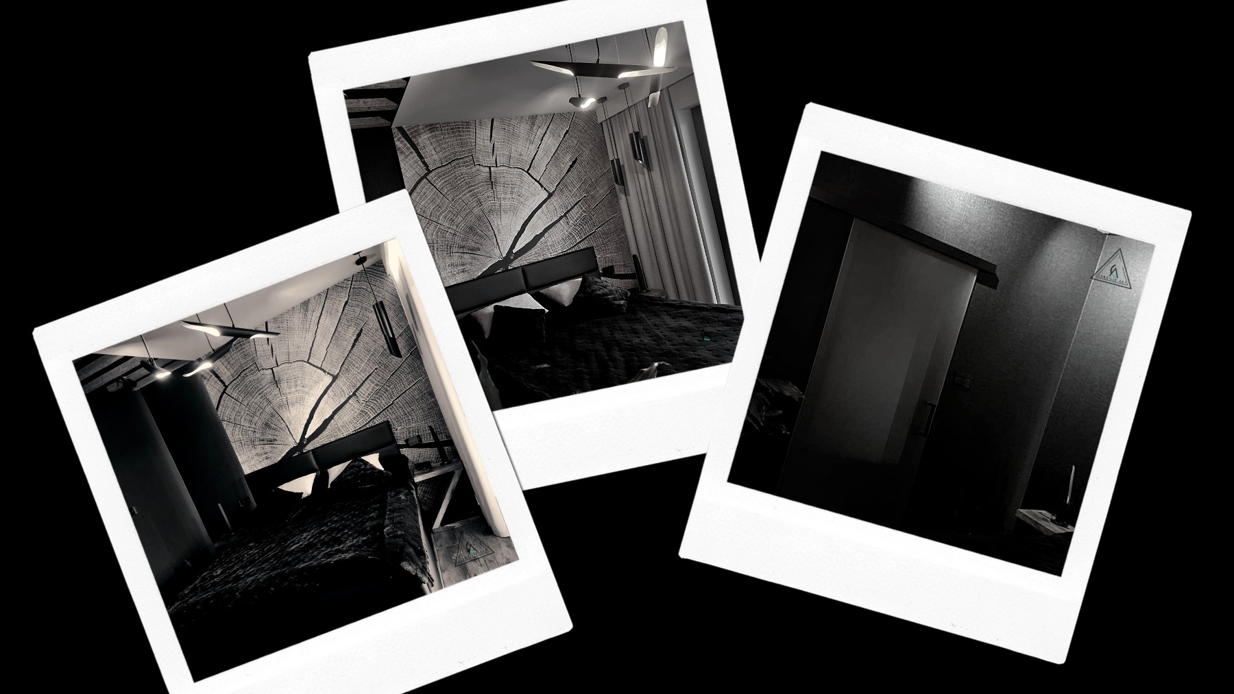 Kolaż trzech zdjęć w stylu polaroid przedstawiających czarno-białe wnętrze sypialni z motywem przekroju pnia drzewa na ścianie za łóżkiem, nowoczesnym oświetleniem i przesuwnymi drzwiami.