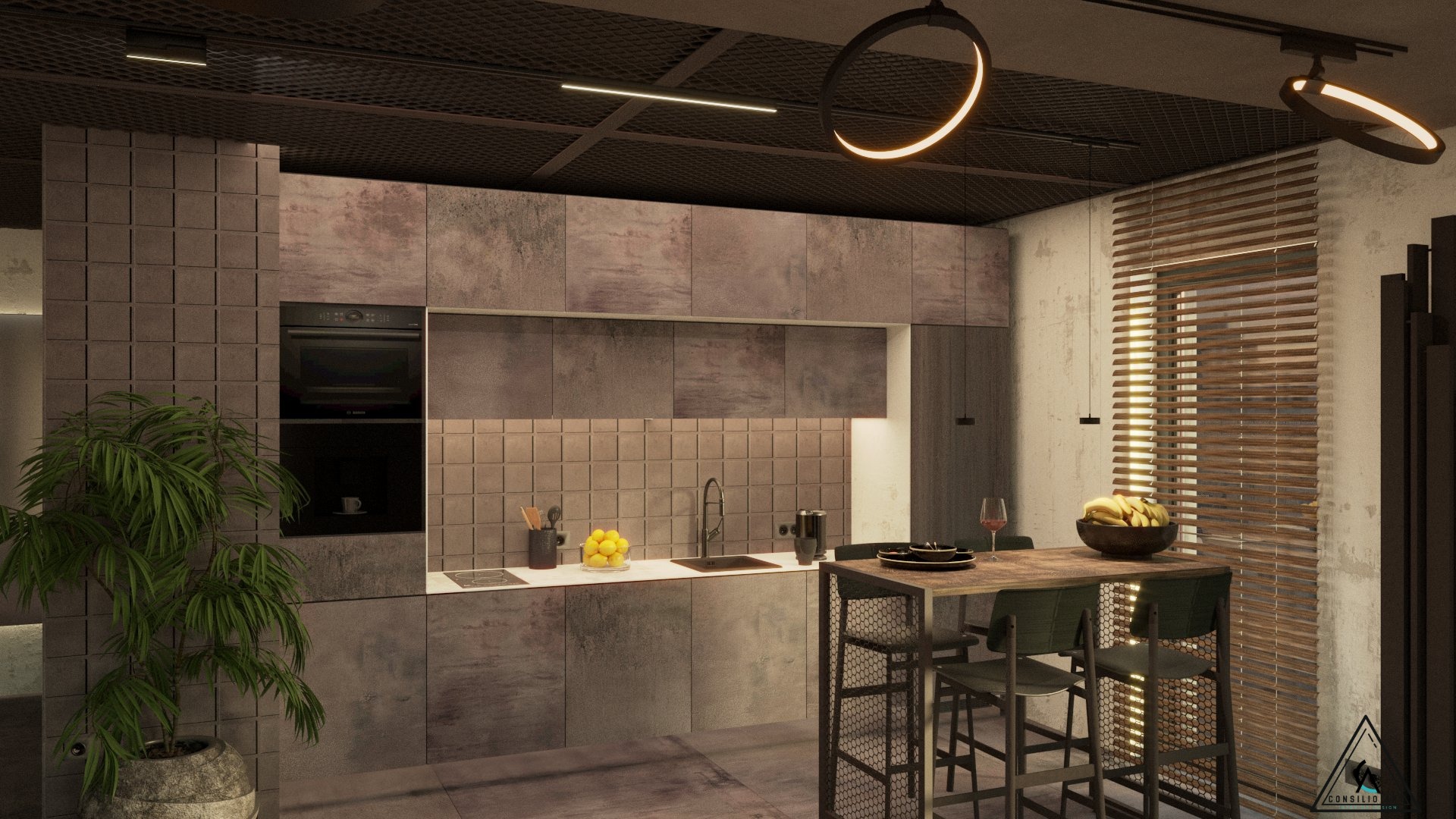 Nowoczesna kuchnia w stylu loft z szarymi frontami, oświetleniem LED, wysokim stołem barowym i rośliną doniczkową po lewej stronie.