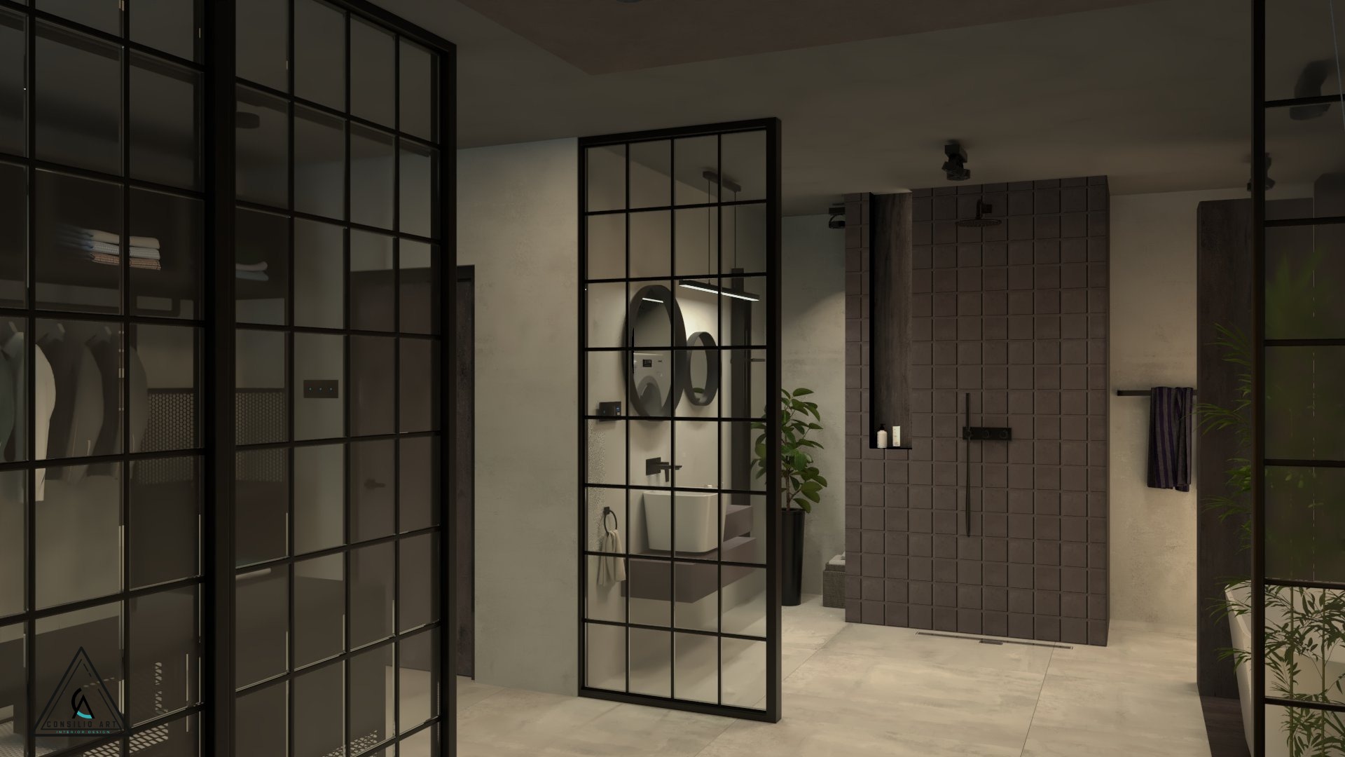 Nowoczesna łazienka z kabiną prysznicową wyłożoną kwadratowymi płytkami, umywalką na blacie i lustrami w czarnych, okrągłych ramach, oddzielona od garderoby przeszklonymi, czarnymi drzwiami.