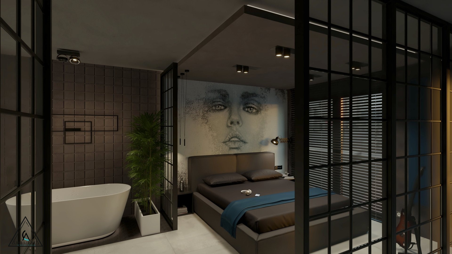 Nowoczesna sypialnia z łazienką oddzielona szklaną ścianą, z dużym muralem przedstawiającym twarz na ścianie za łóżkiem, minimalistyczna wanna obok rośliny w donicy.