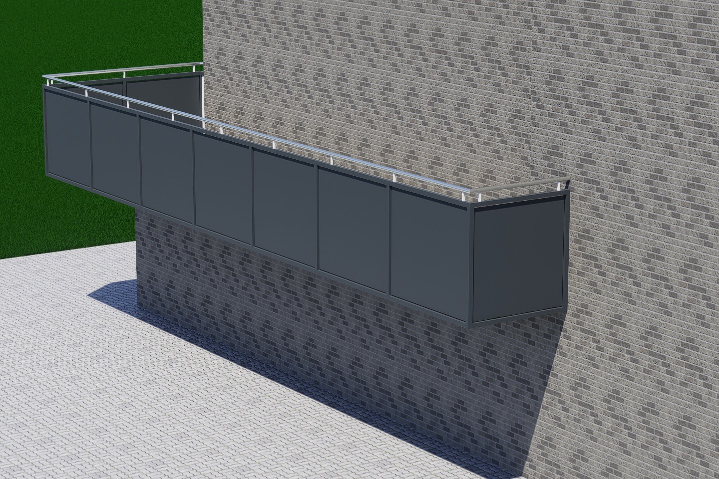 Nowoczesna, grafitowa balustrada balkonowa z metalu i szkła, z cienką, srebrną poręczą, zamontowana na ceglanym murze. Widok z góry, z boku, w neutralnym oświetleniu.