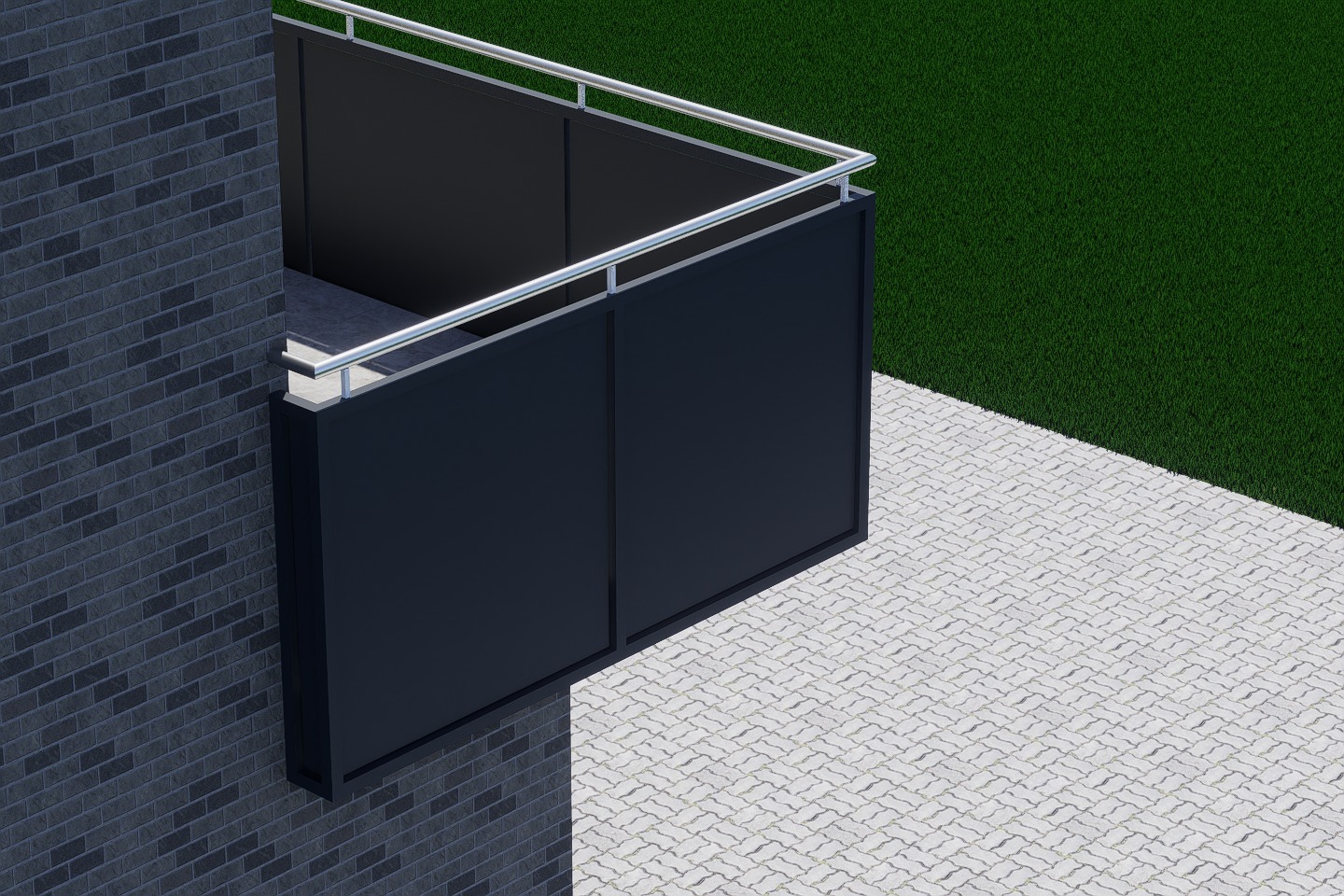 Nowoczesna balustrada balkonowa z czarnymi panelami i nierdzewną poręczą, widok z góry na tle kostki brukowej i trawnika. Minimalistyczny design.