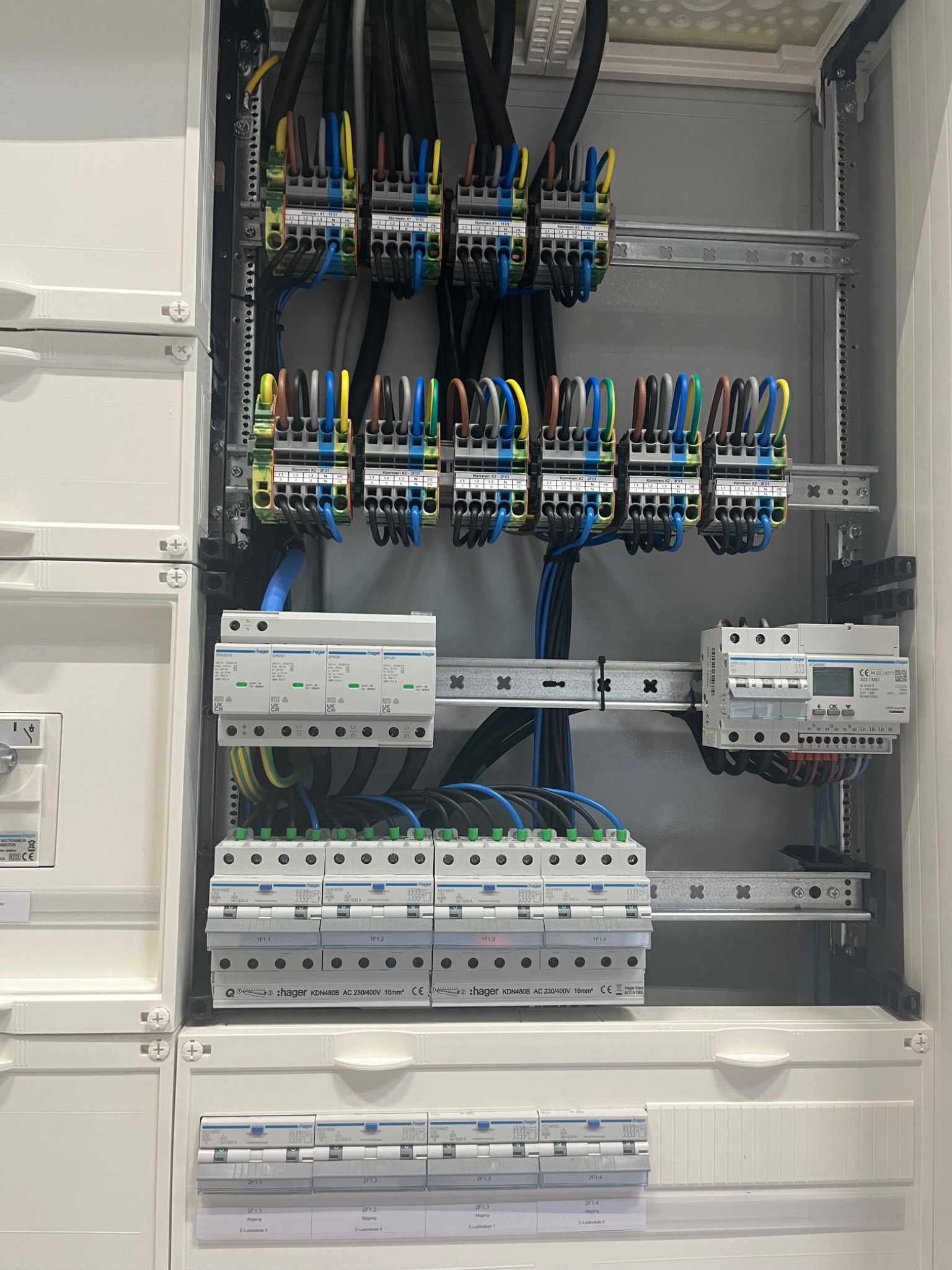 Rozdzielnica elektryczna z zamontowanymi bezpiecznikami, wyłącznikami różnicowoprądowymi i listwami zaciskowymi, uporządkowane okablowanie w kolorowych izolacjach, widoczne etykiety i oznaczenia...